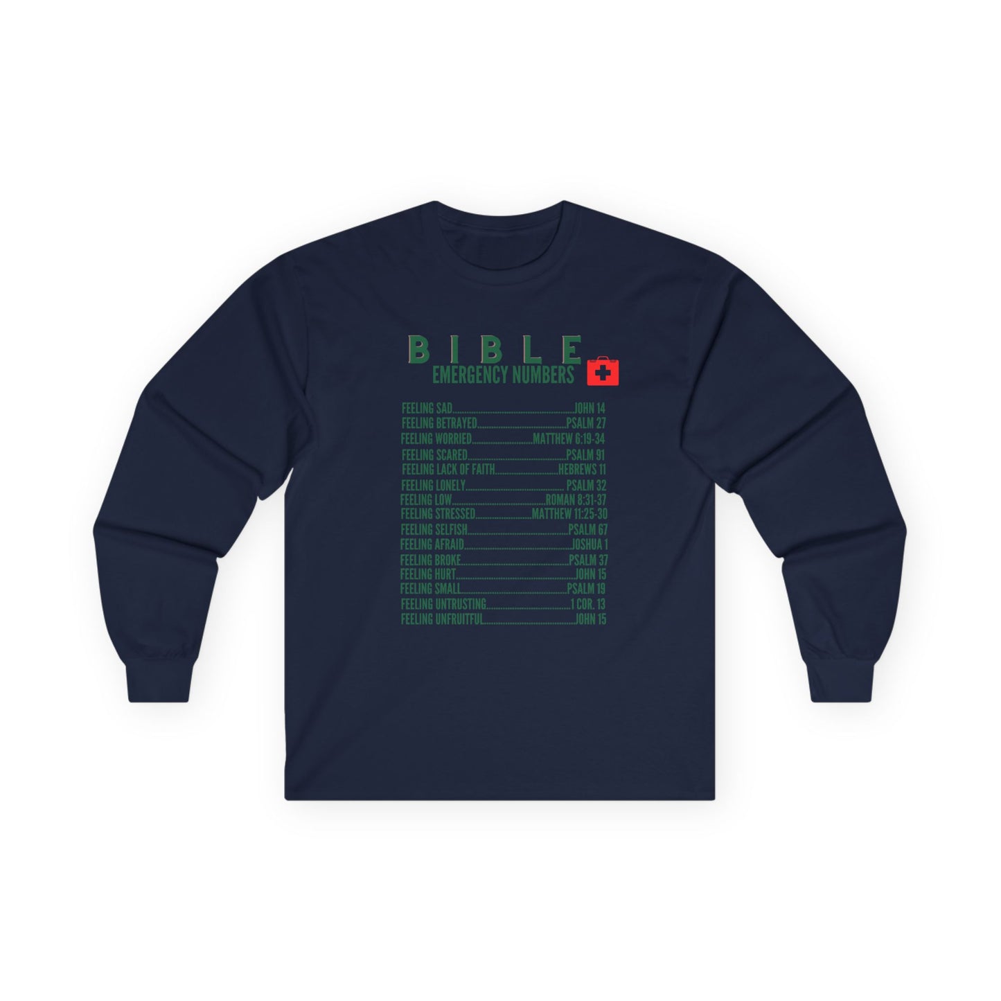 Bible Emergency Numbers Long Sleeve Tee - Green
