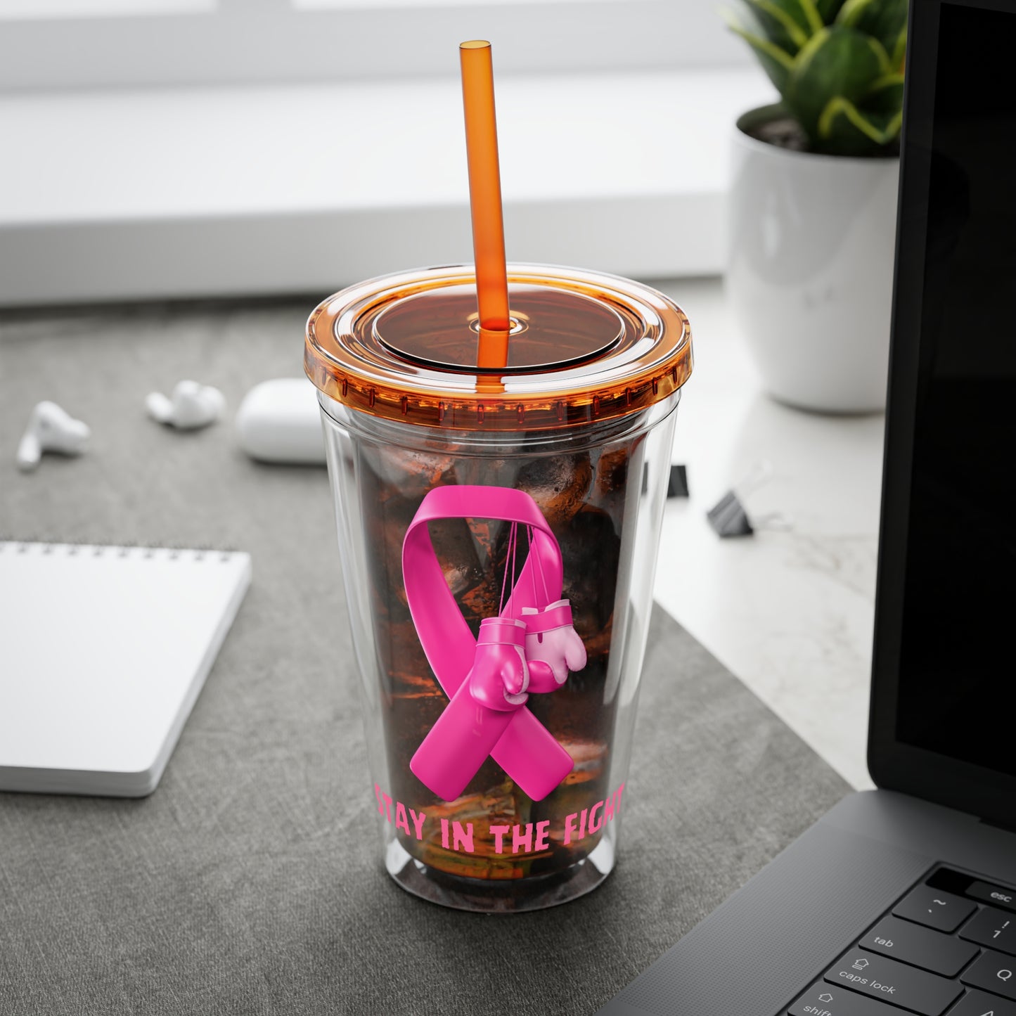 Pink Ribbon “Stay in the Fight” 16oz Tumbler with Straw