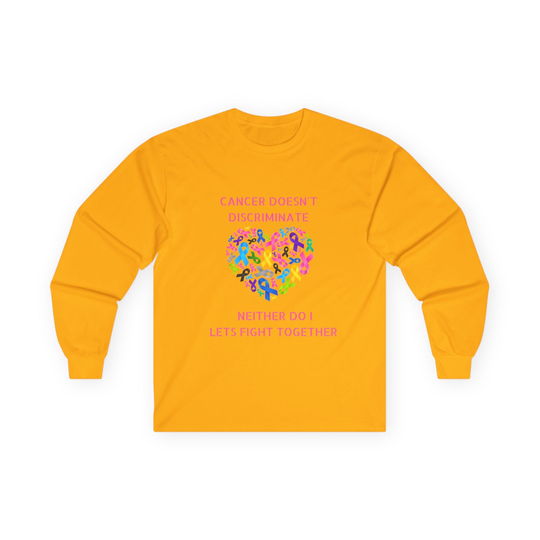 Cancer Awareness Long Sleeve Tee — "Cancer Doesn't Discriminate" Heart Ribbon