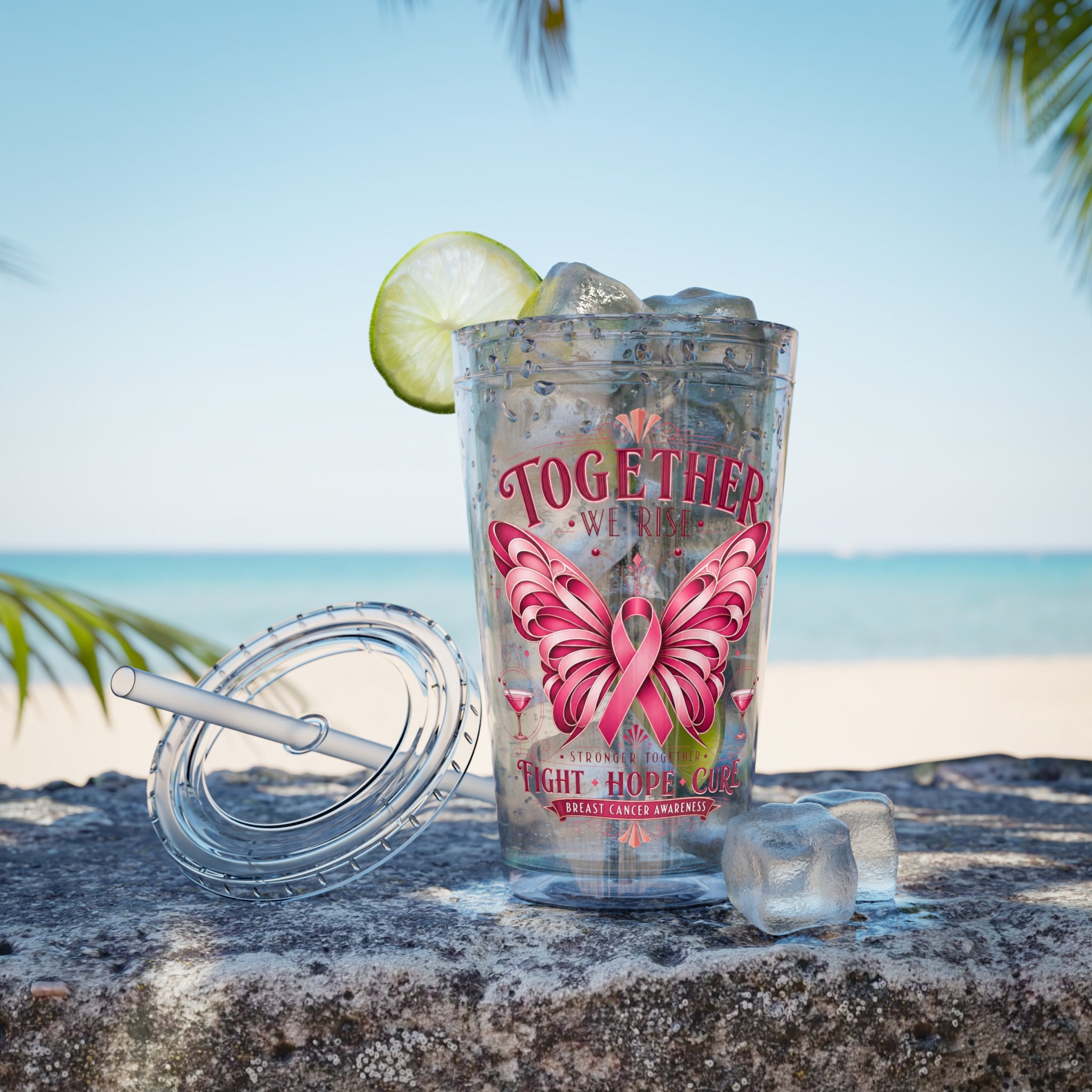 Together We Rise Butterfly Breast Cancer 16oz Tumbler with Straw