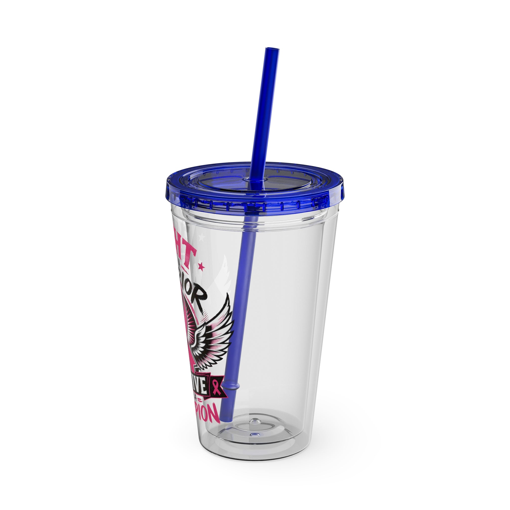 Fight Like a Warrior, Survive Like a Champion Breast Cancer Awareness 16oz Tumbler with Straw