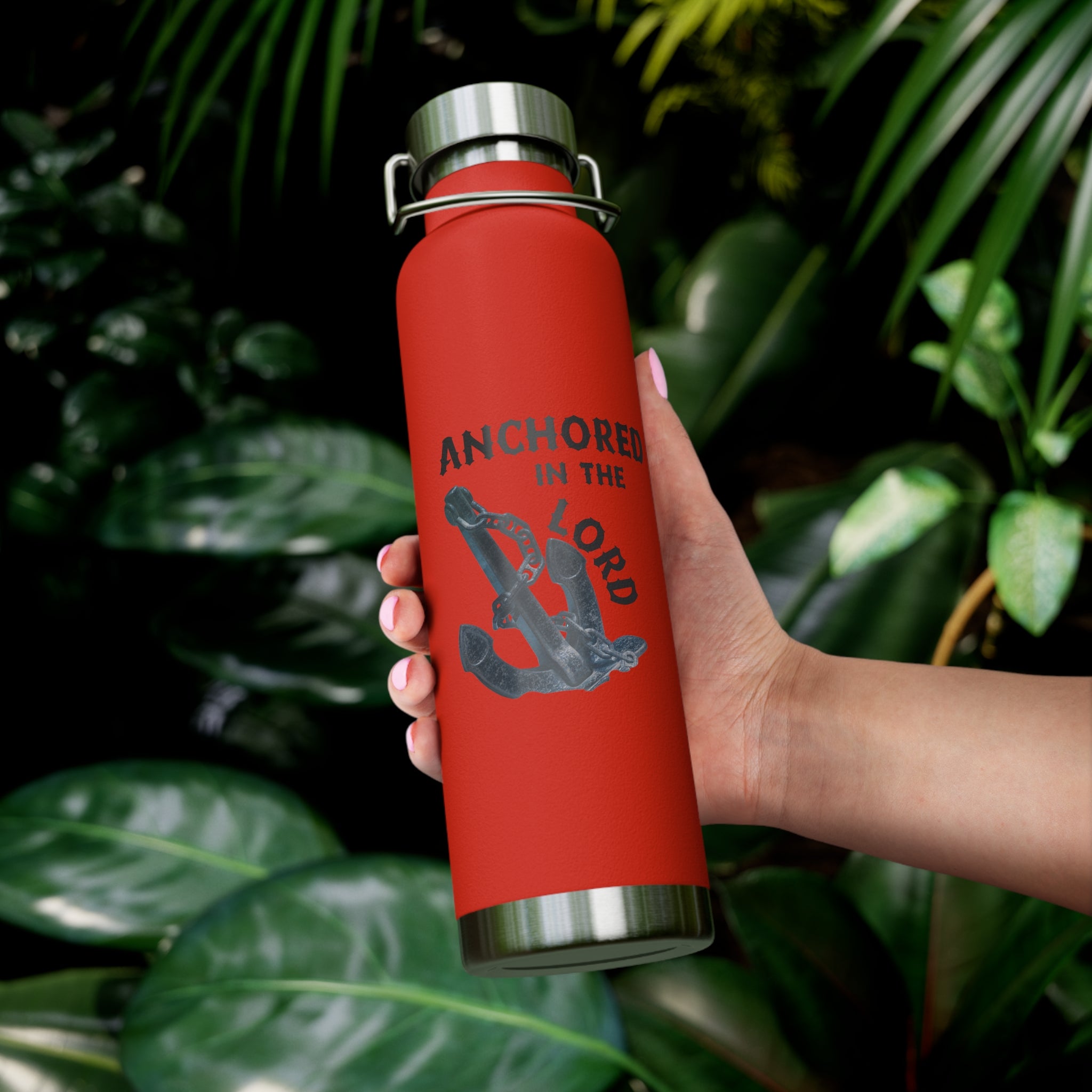 "Anchored in the Lord" 22oz Insulated Water Bottle — Black