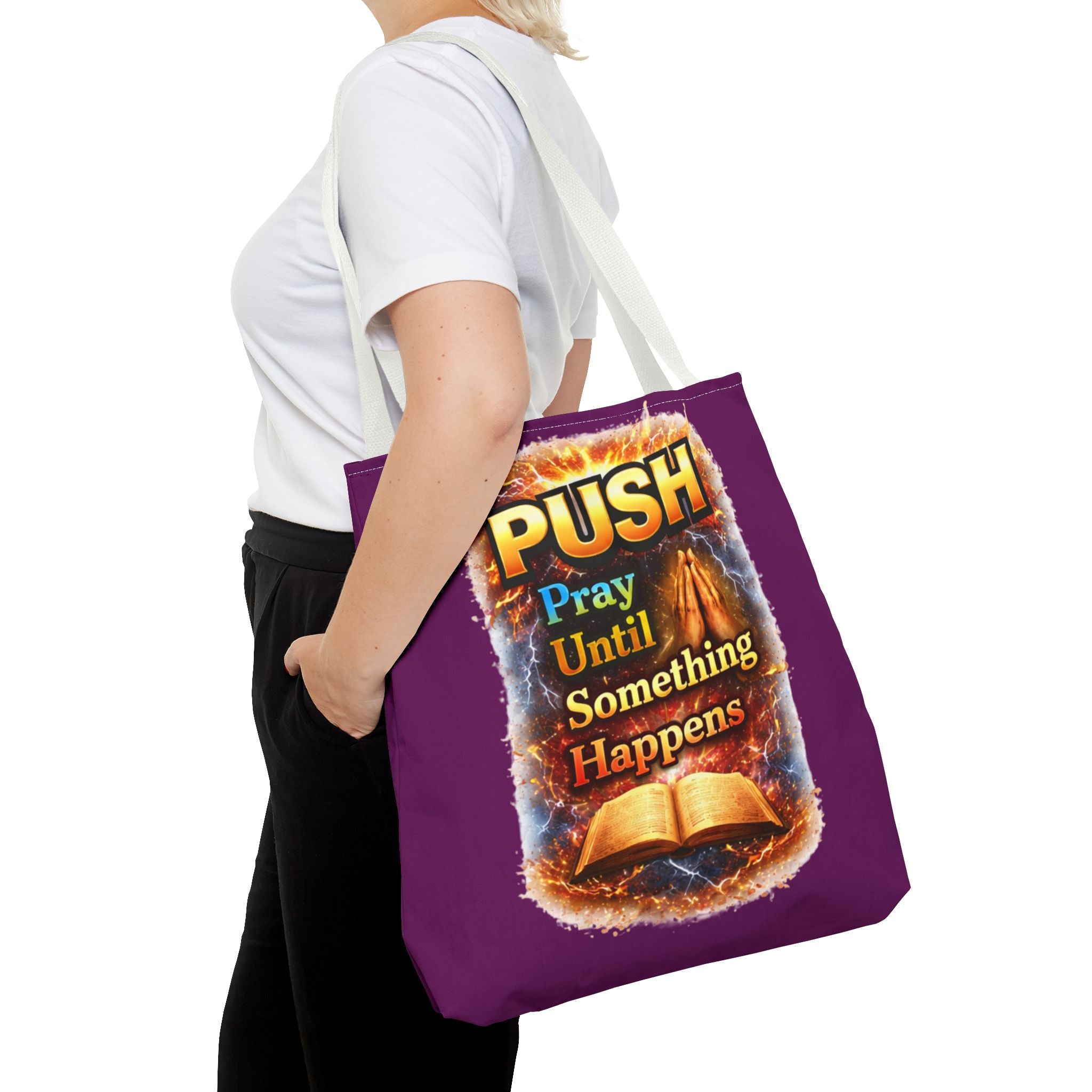 Push Pray Until Something Happens Purple Tote Bag - Bible
