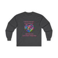 Cancer Awareness Long Sleeve Tee — "Cancer Doesn't Discriminate" Heart Ribbon