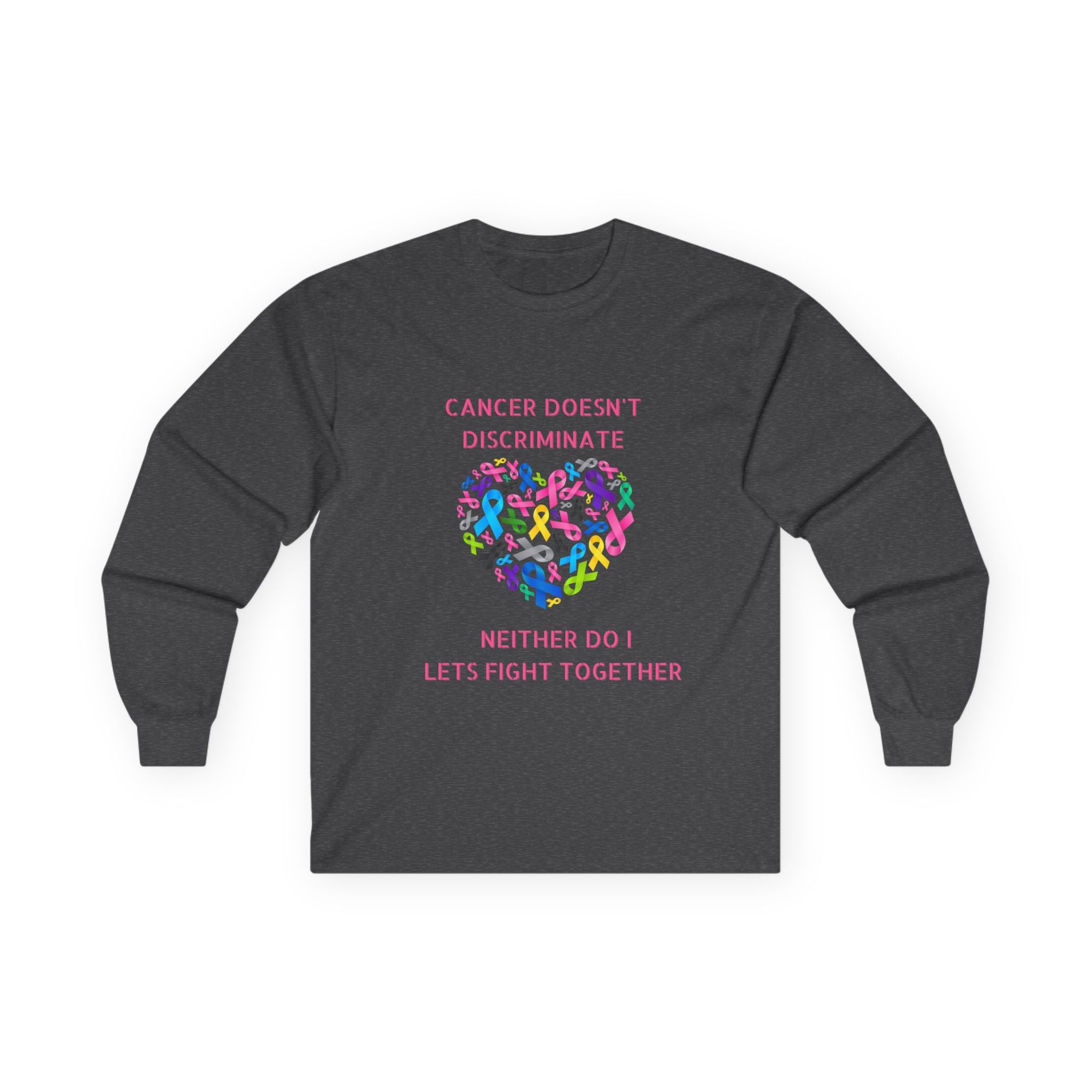 Cancer Awareness Long Sleeve Tee — "Cancer Doesn't Discriminate" Heart Ribbon