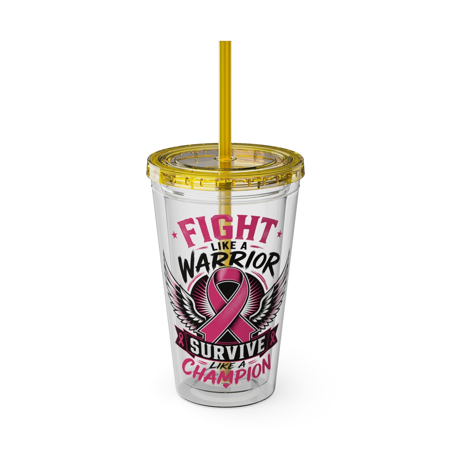 Fight Like a Warrior, Survive Like a Champion Breast Cancer Awareness 16oz Tumbler with Straw