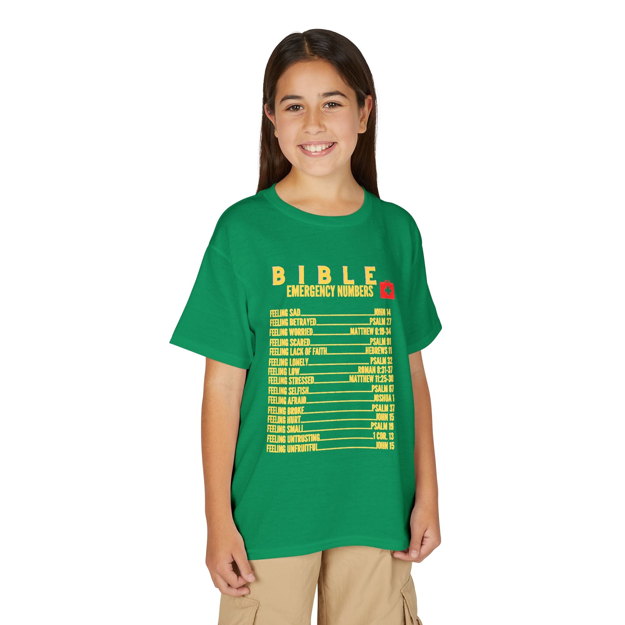 Bible Emergency Numbers Youth T-Shirt — Yellow