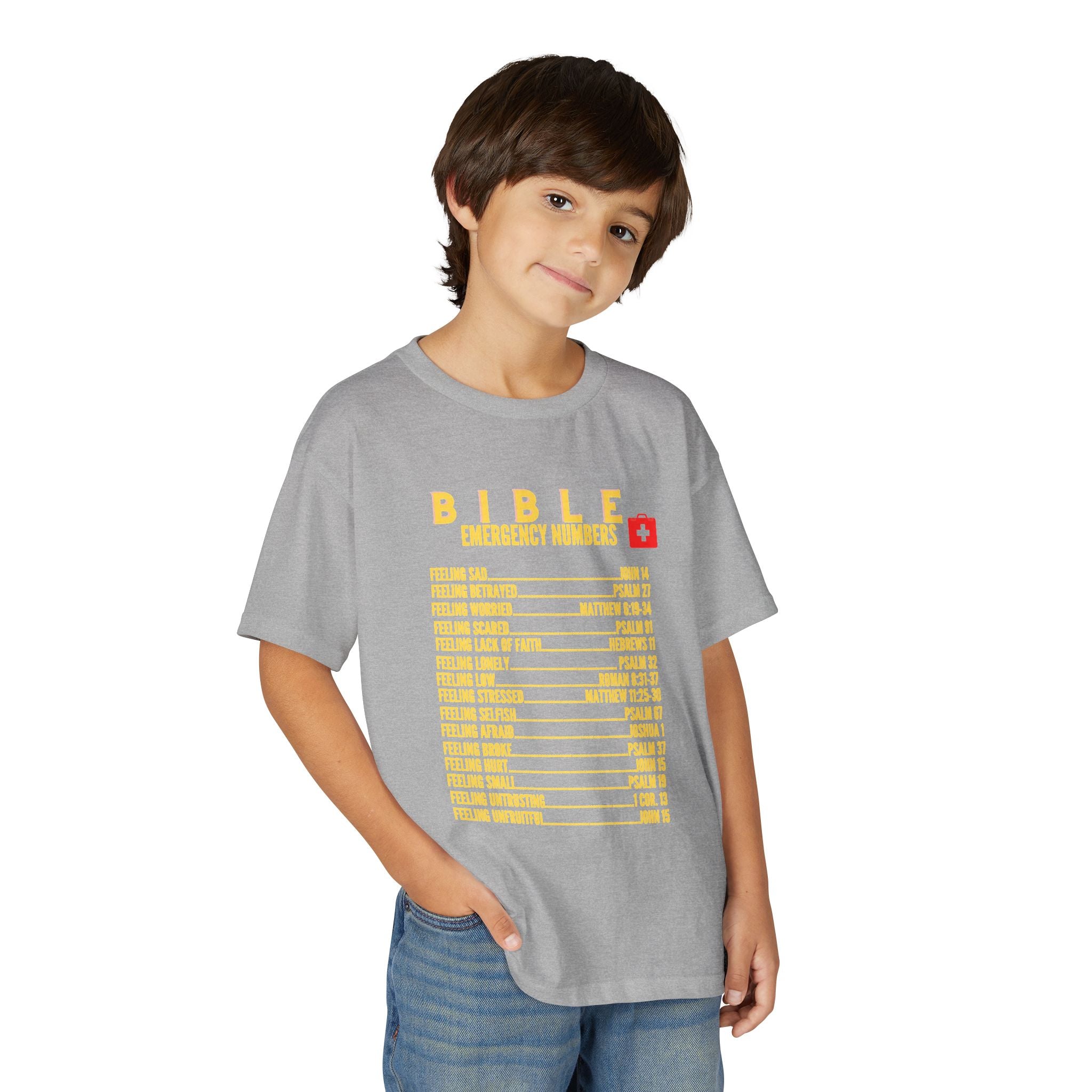 Bible Emergency Numbers Youth T-Shirt — Yellow