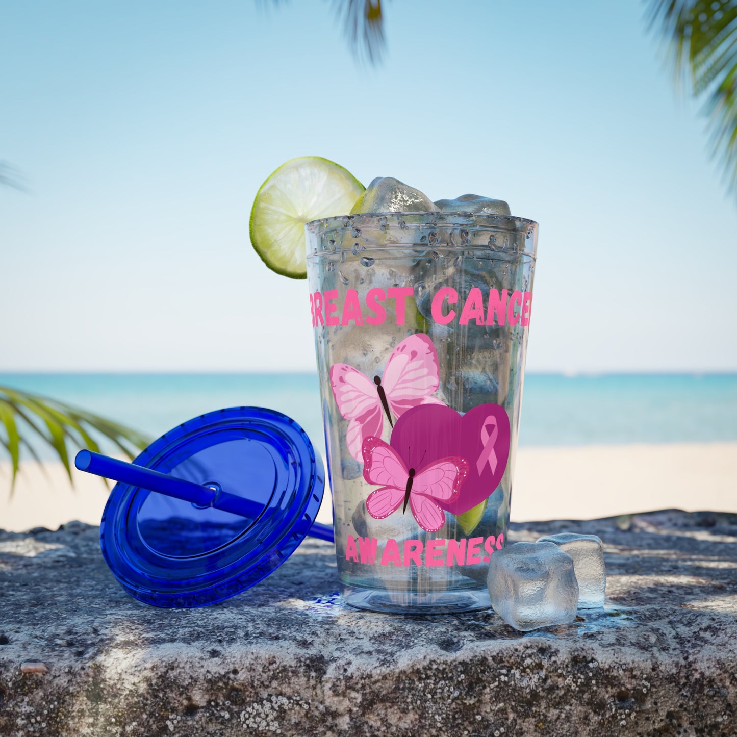 Breast Cancer Awareness 16oz Tumbler with Straw - Butterfly, Heart