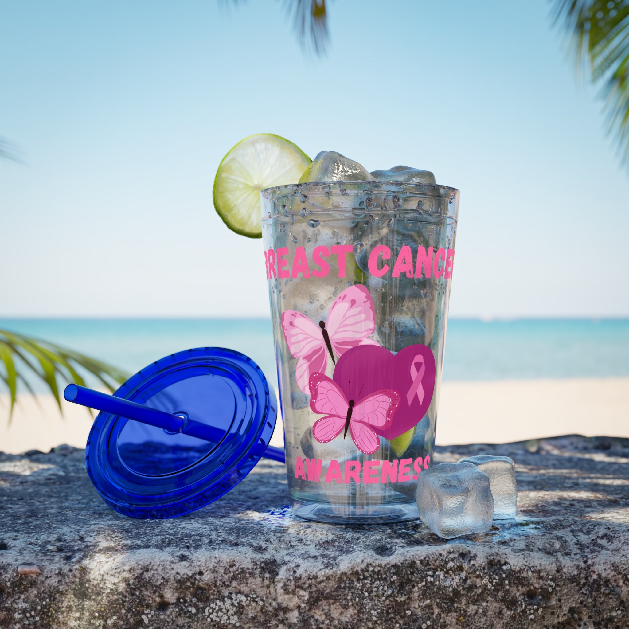 Breast Cancer Awareness 16oz Tumbler with Straw - Butterfly, Heart