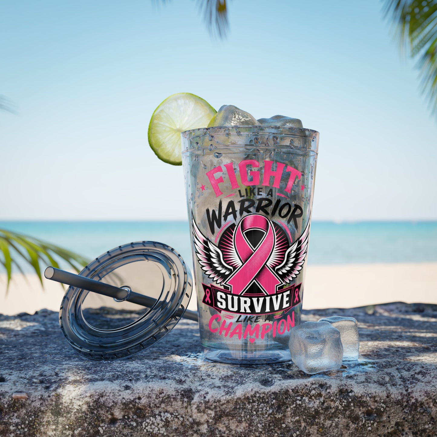 Fight Like a Warrior, Survive Like a Champion Breast Cancer Awareness 16oz Tumbler with Straw