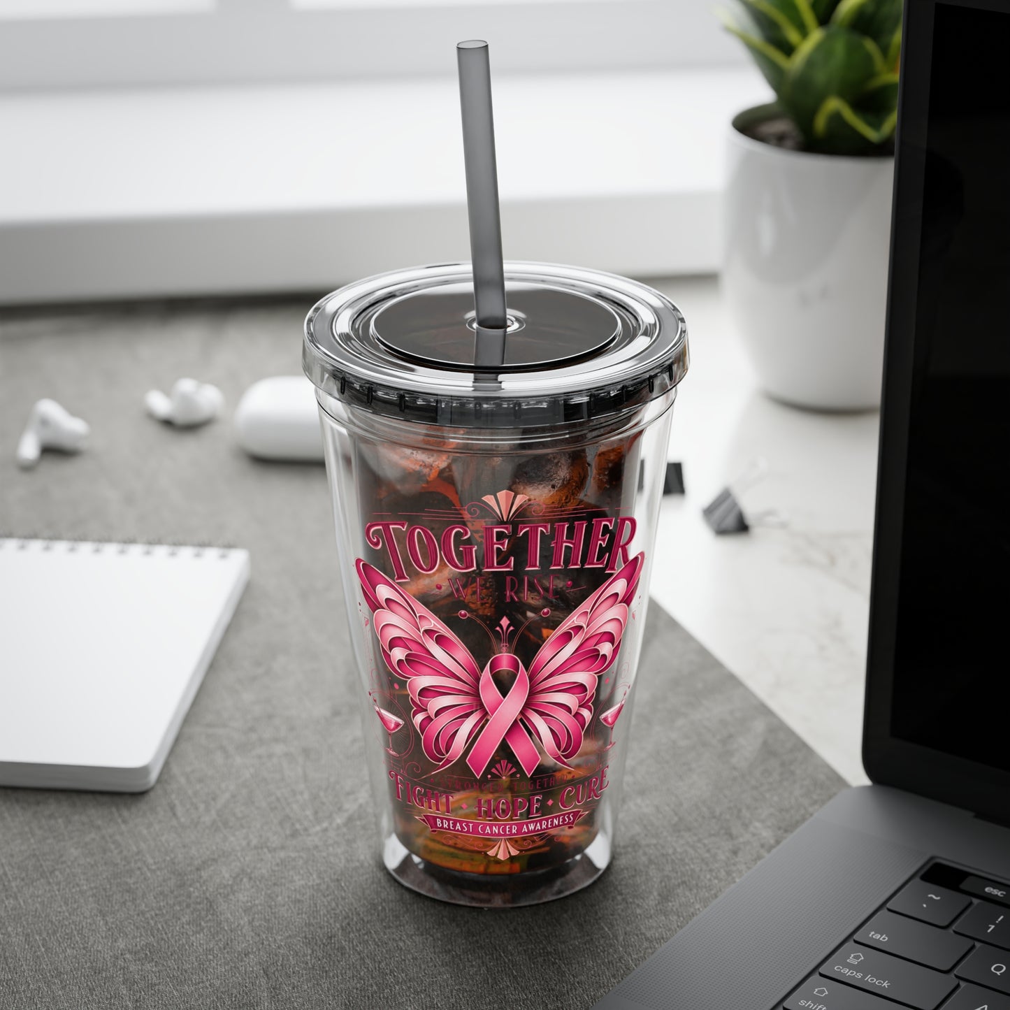 Together We Rise Butterfly Breast Cancer 16oz Tumbler with Straw