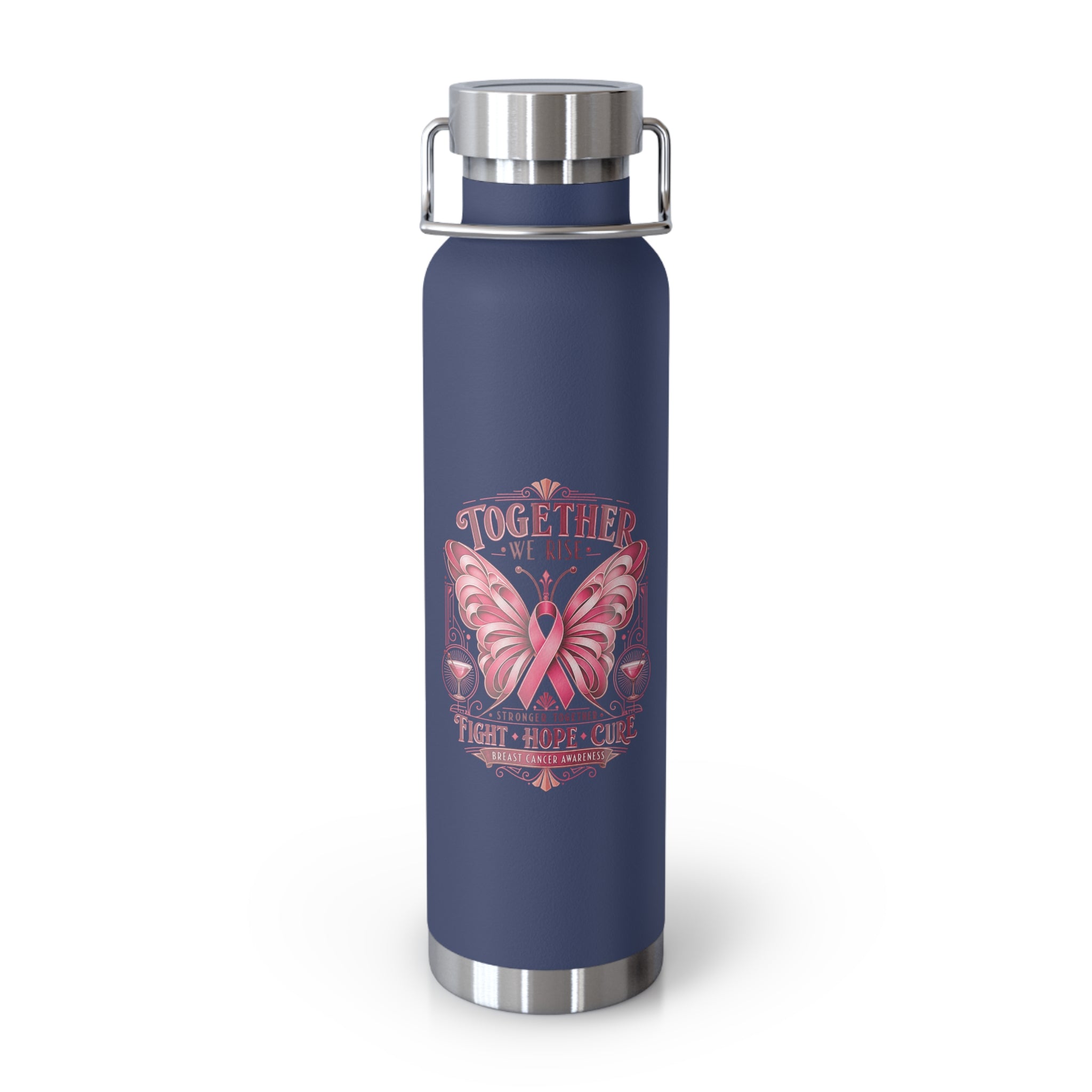 Together We Fight Pink Ribbon Butterfly Cancer 22oz Insulated Water Bottle