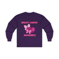 Breast Cancer Awareness Long Sleeve Tee — Pink Ribbon Butterfly Design