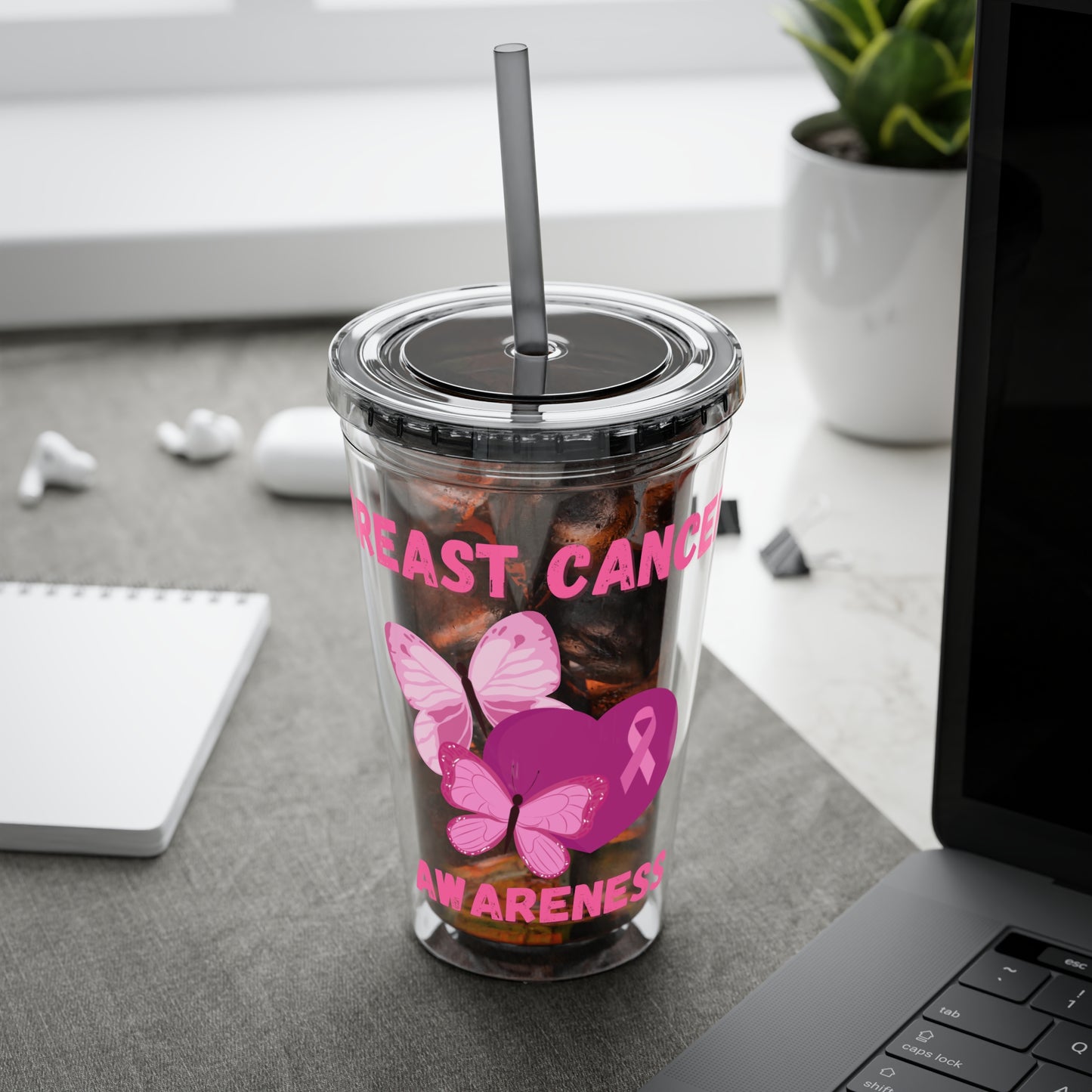 Breast Cancer Awareness 16oz Tumbler with Straw - Butterfly, Heart