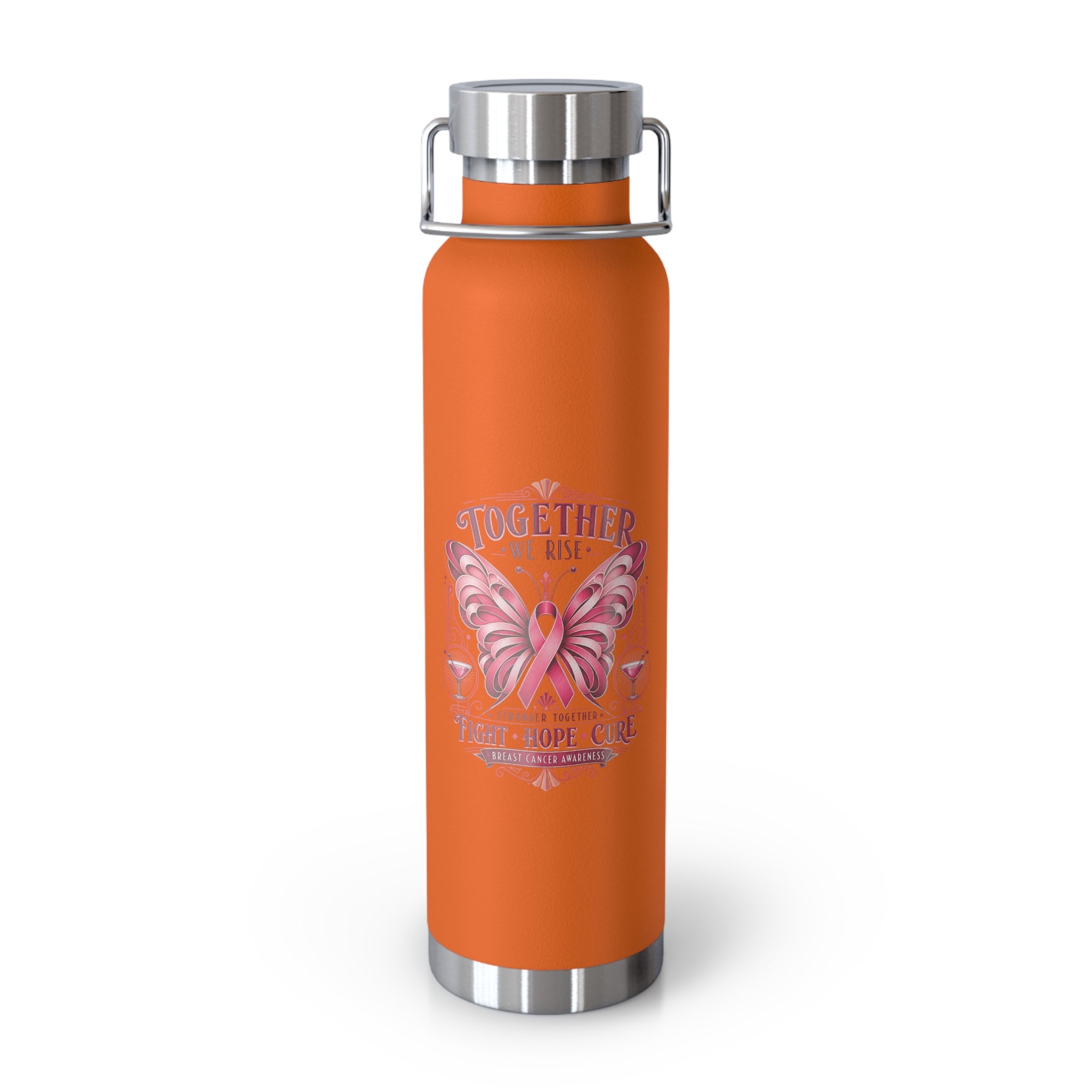 Together We Fight Pink Ribbon Butterfly Cancer 22oz Insulated Water Bottle
