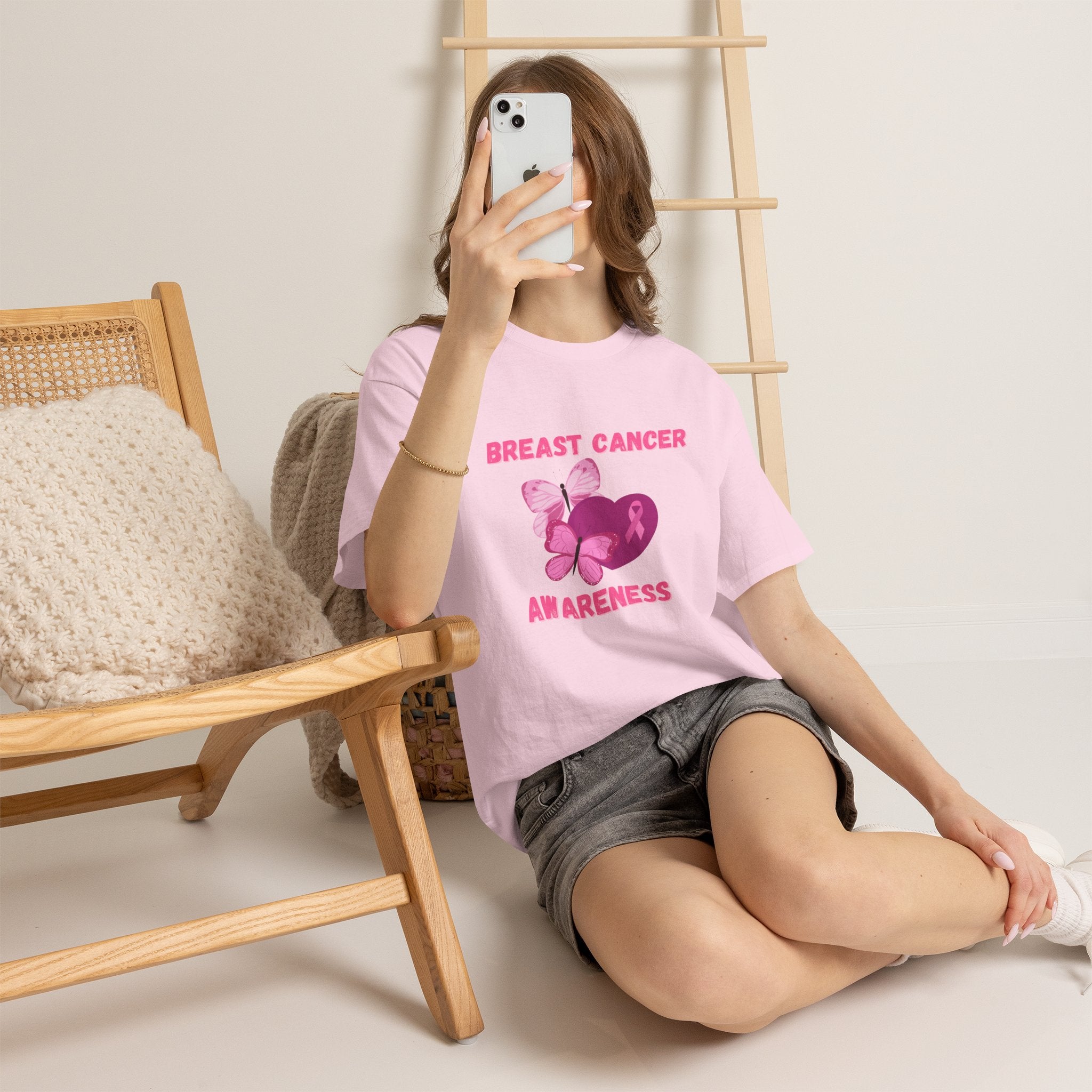 Breast Cancer Awareness Tee with Pink Butterfly & Ribbon