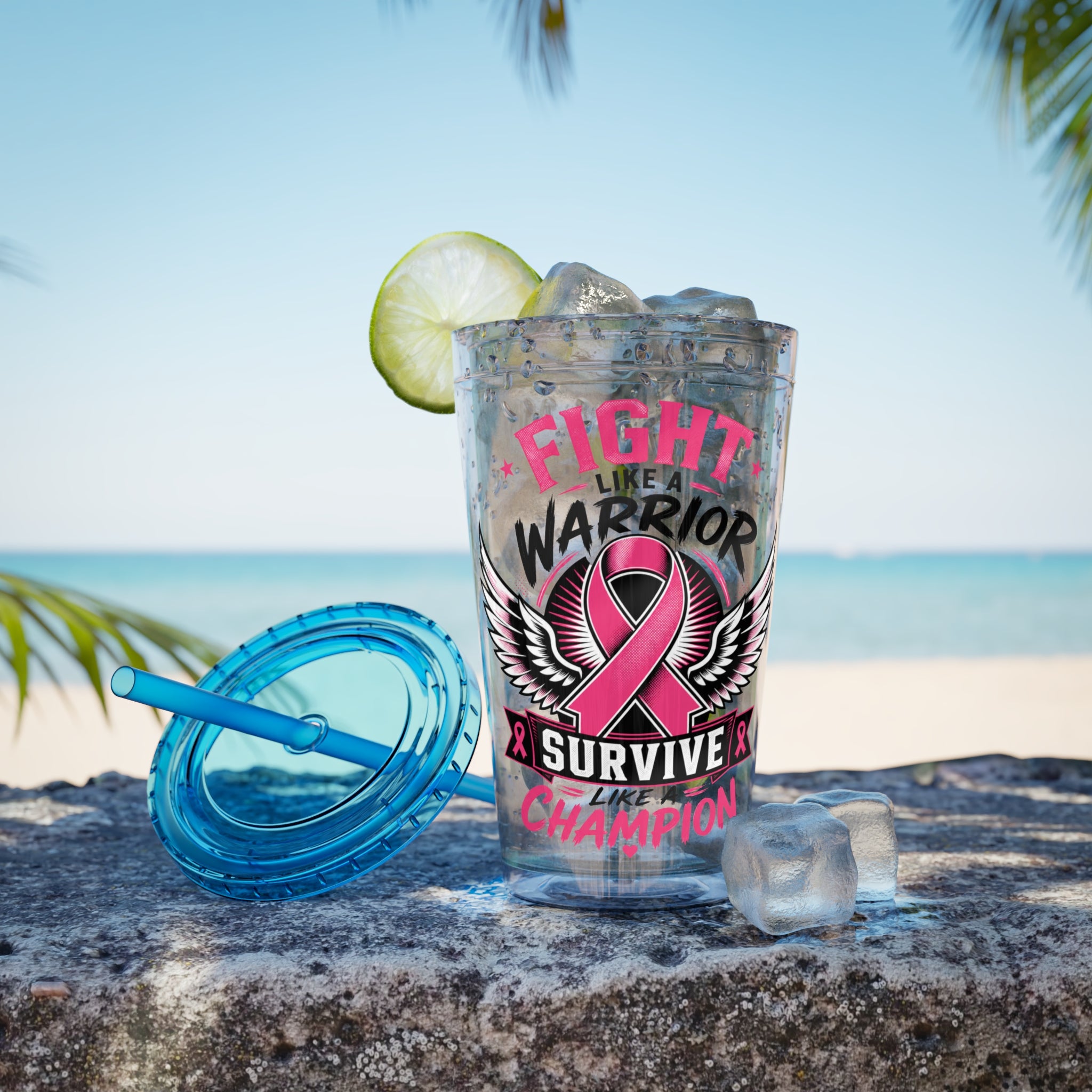 Fight Like a Warrior, Survive Like a Champion Breast Cancer Awareness 16oz Tumbler with Straw