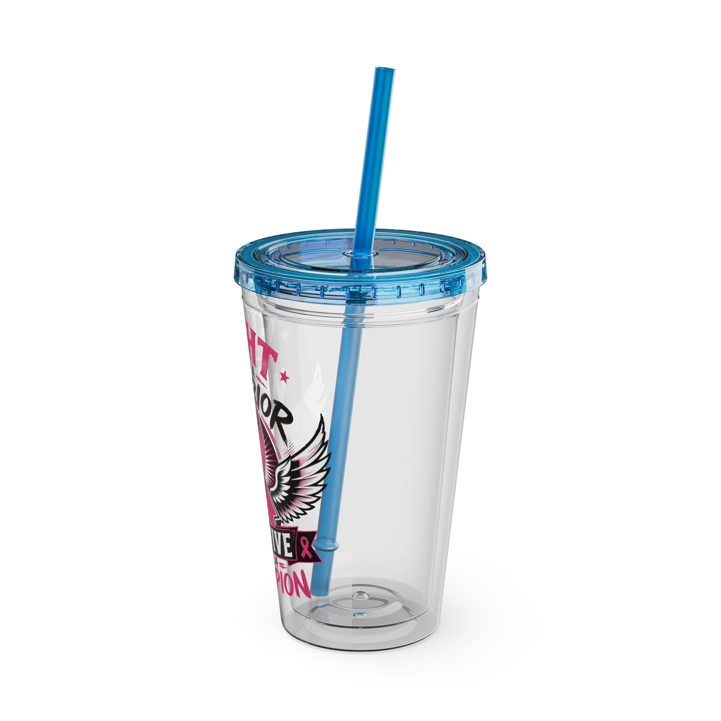 Fight Like a Warrior, Survive Like a Champion Breast Cancer Awareness 16oz Tumbler with Straw