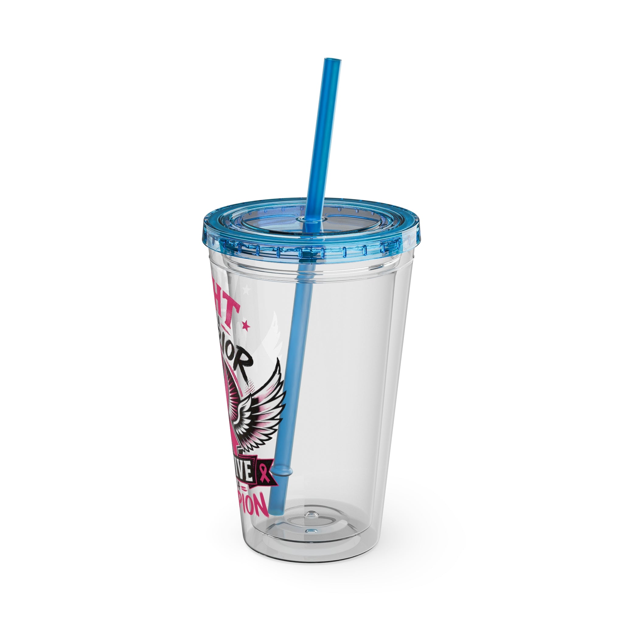 Fight Like a Warrior, Survive Like a Champion Breast Cancer Awareness 16oz Tumbler with Straw
