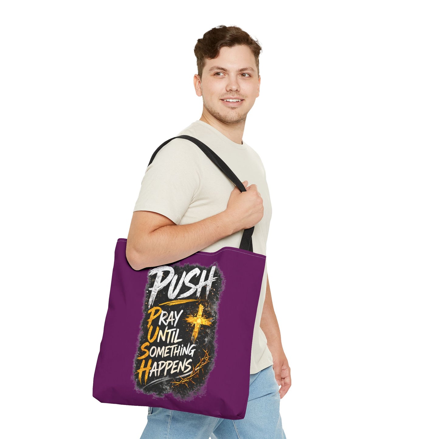Push Pray Until Something Happens Purple Tote Bag