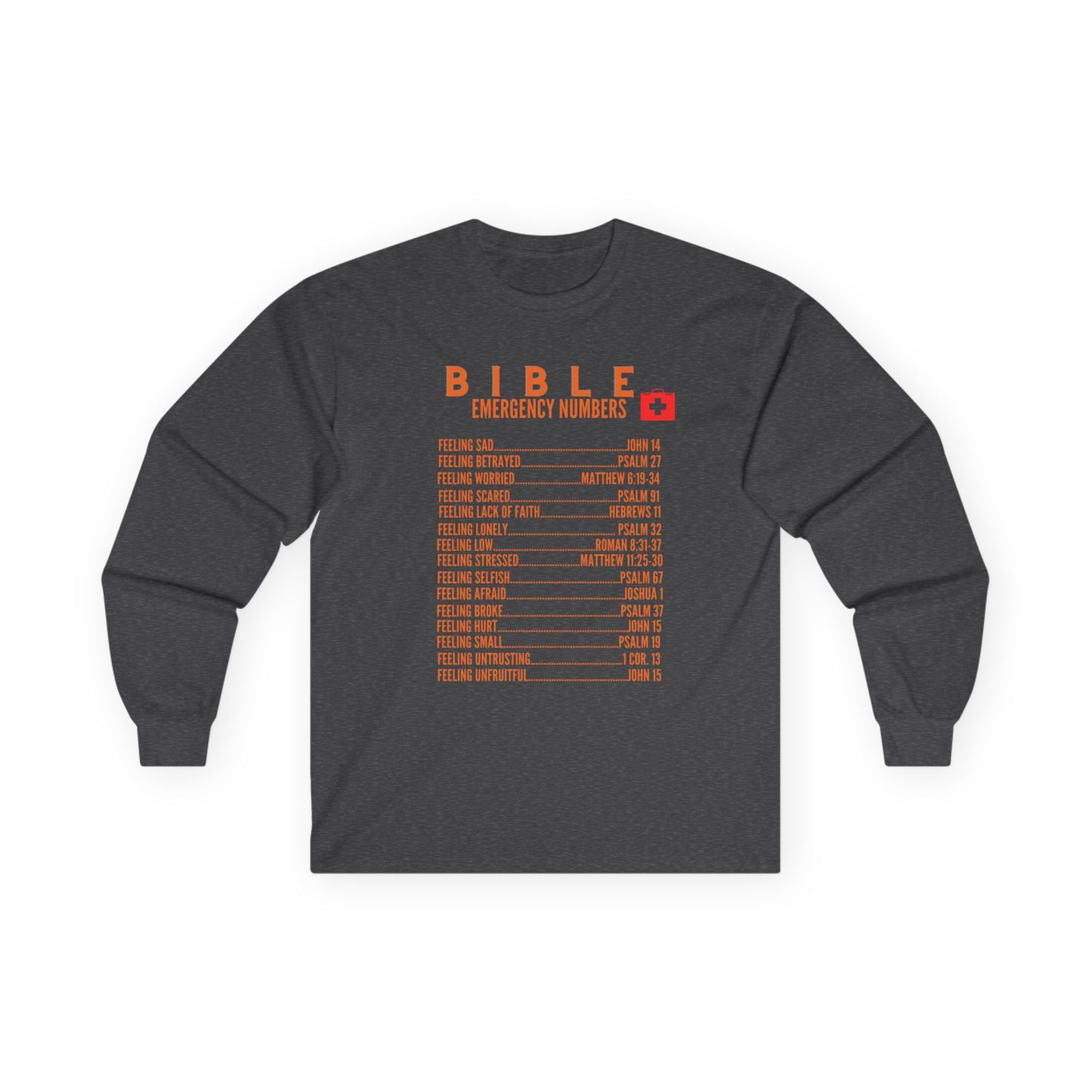 Bible Emergency Numbers Long Sleeve Tee - Orange