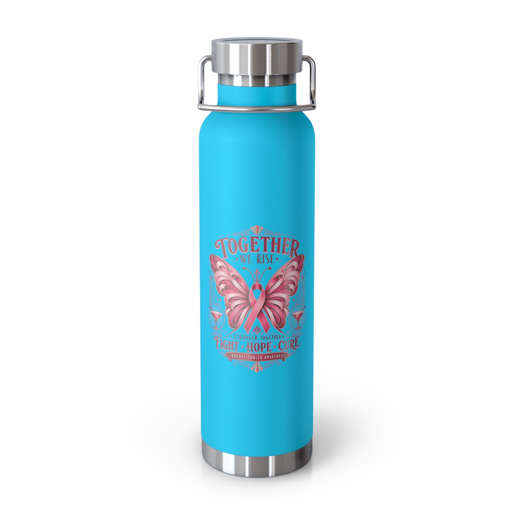 Together We Fight Pink Ribbon Butterfly Cancer 22oz Insulated Water Bottle