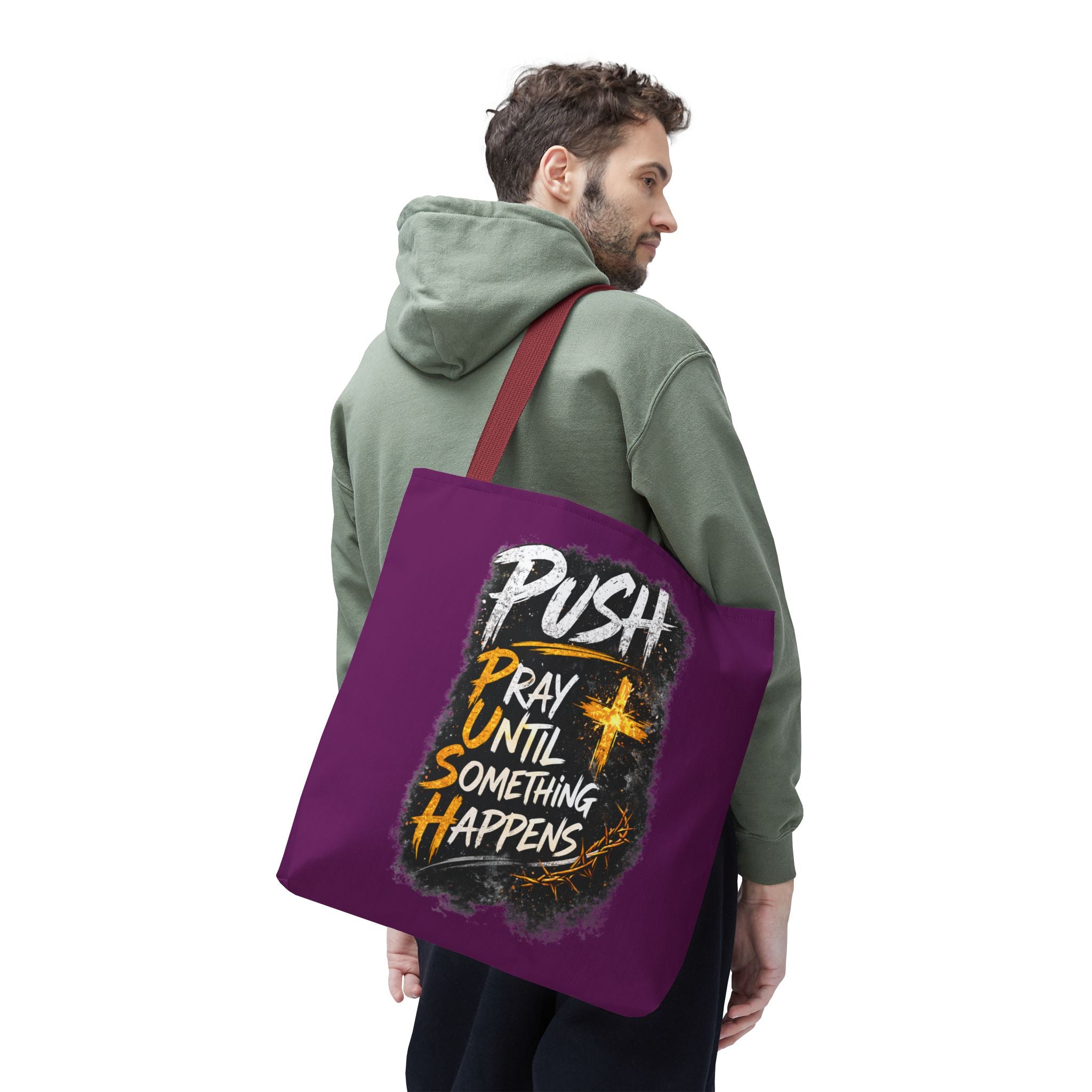 Push Pray Until Something Happens Purple Tote Bag