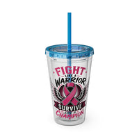 Fight Like a Warrior, Survive Like a Champion Breast Cancer Awareness 16oz Tumbler with Straw