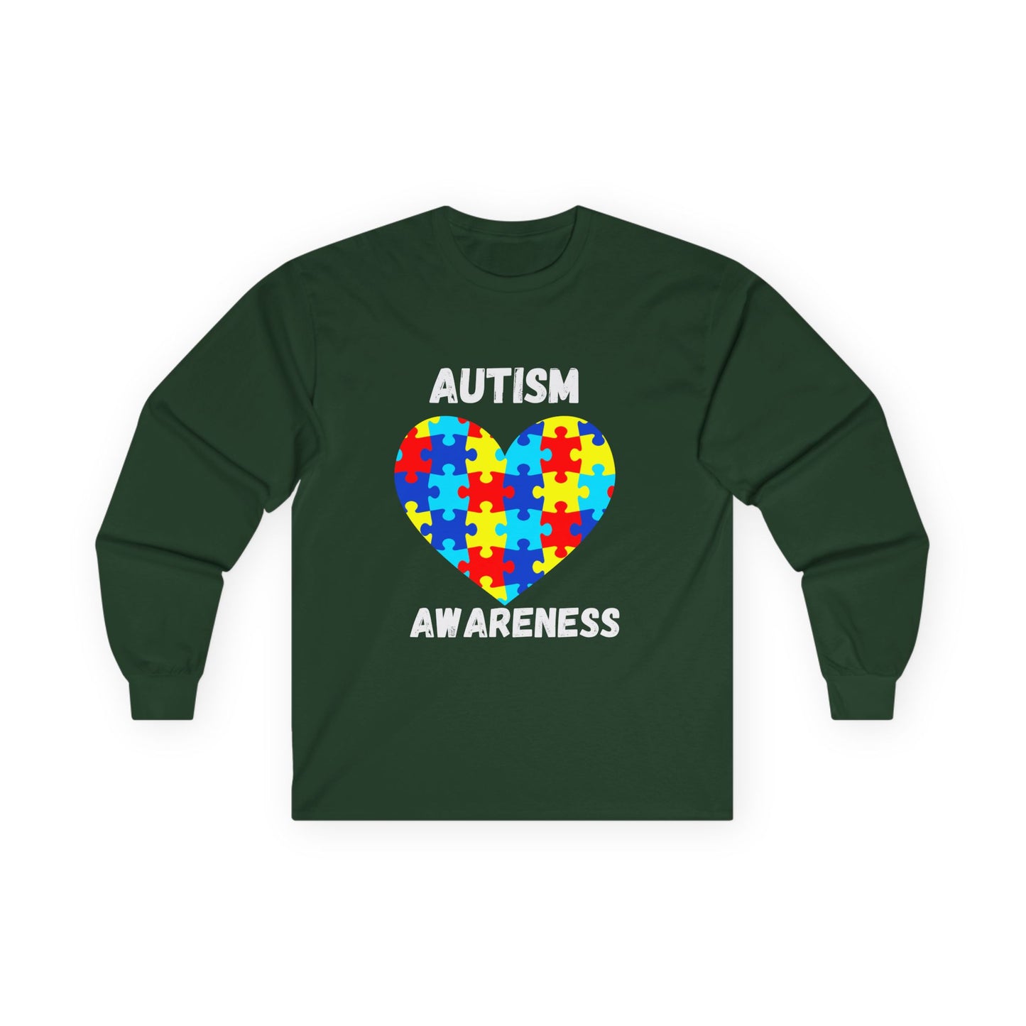 Autism Awareness Long Sleeve Tee — Heart Shaped Puzzle - White