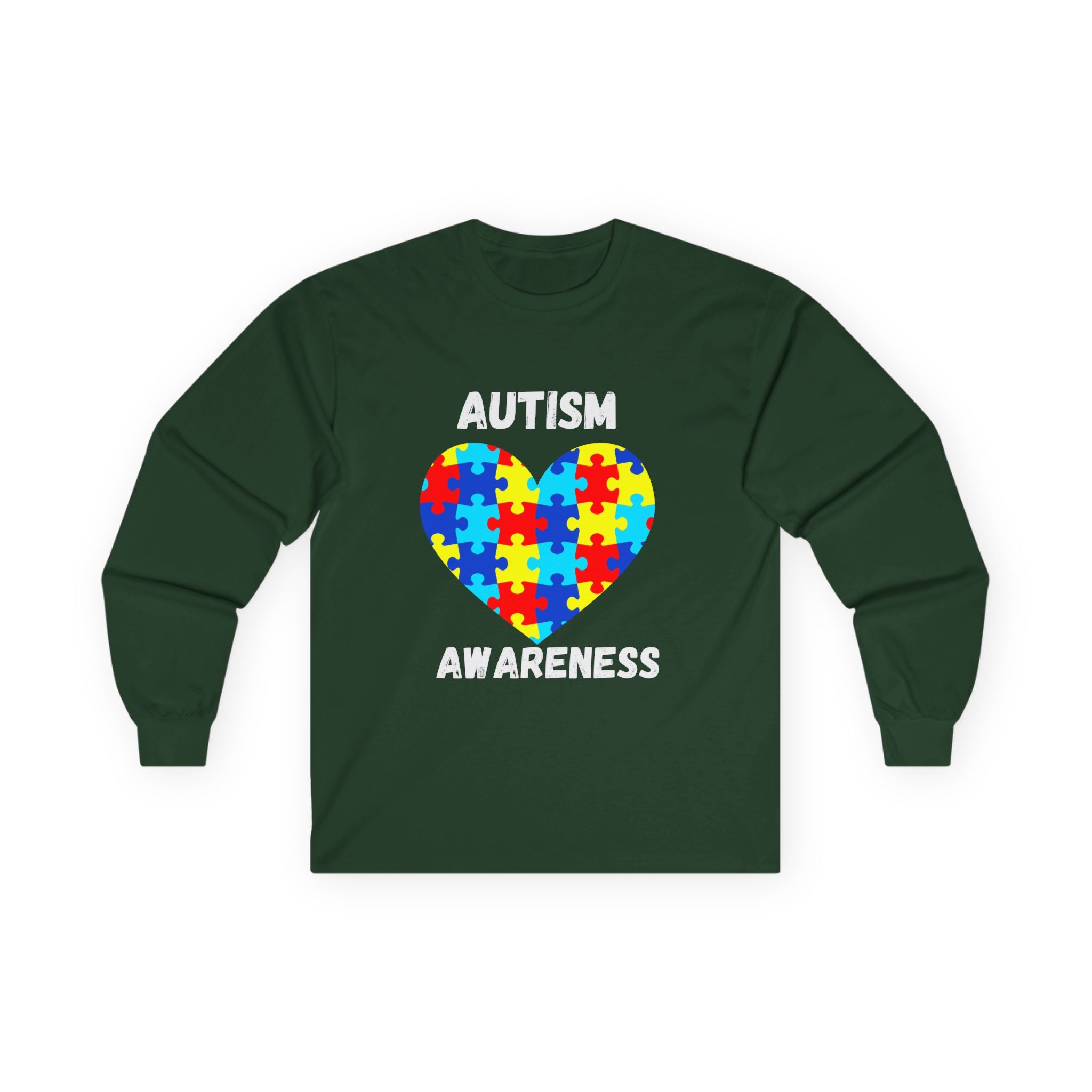 Autism Awareness Long Sleeve Tee — Heart Shaped Puzzle - White