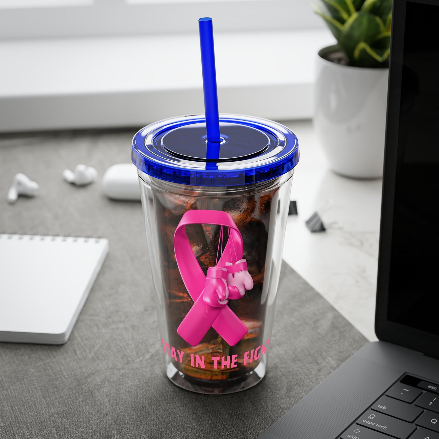 Pink Ribbon “Stay in the Fight” 16oz Tumbler with Straw