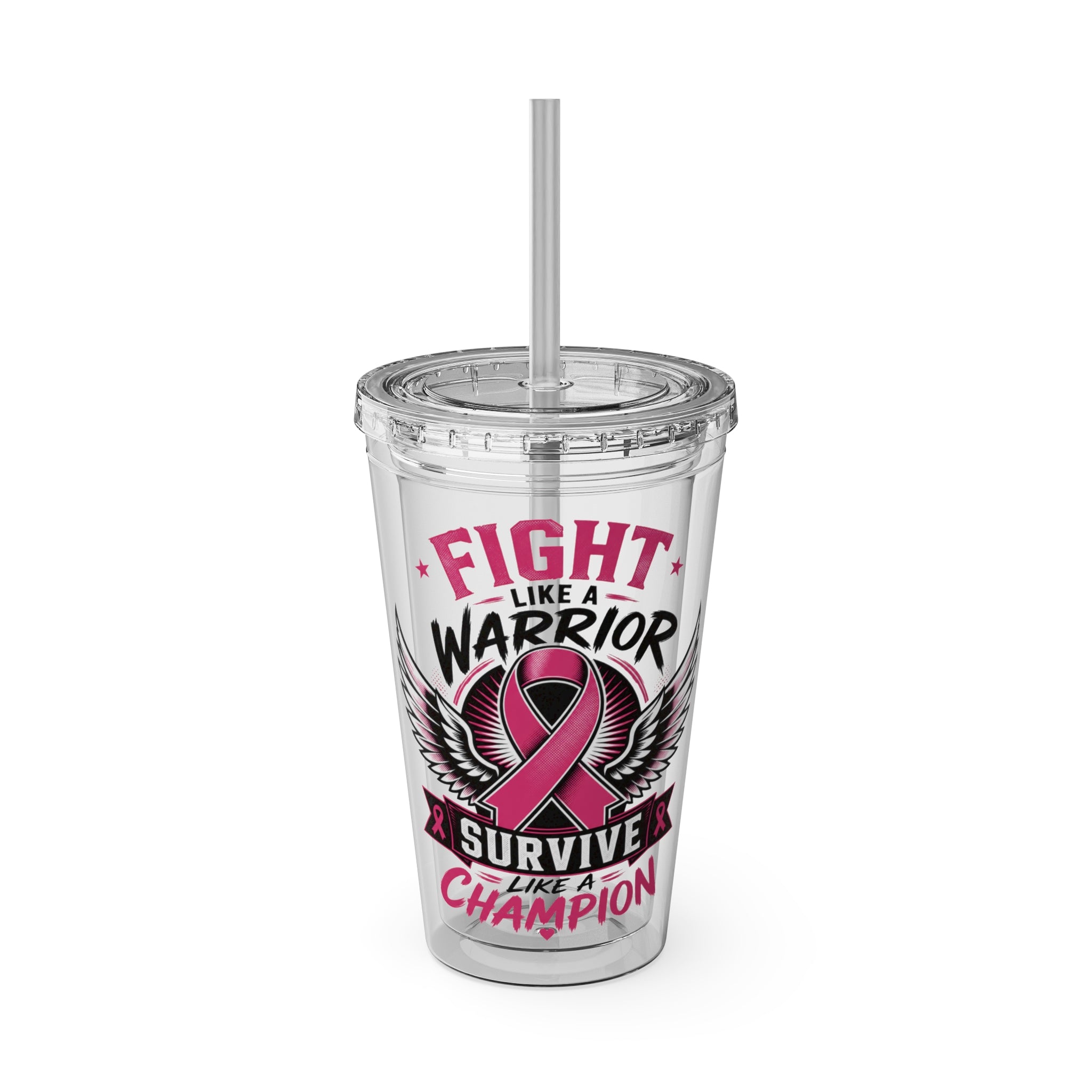 Fight Like a Warrior, Survive Like a Champion Breast Cancer Awareness 16oz Tumbler with Straw