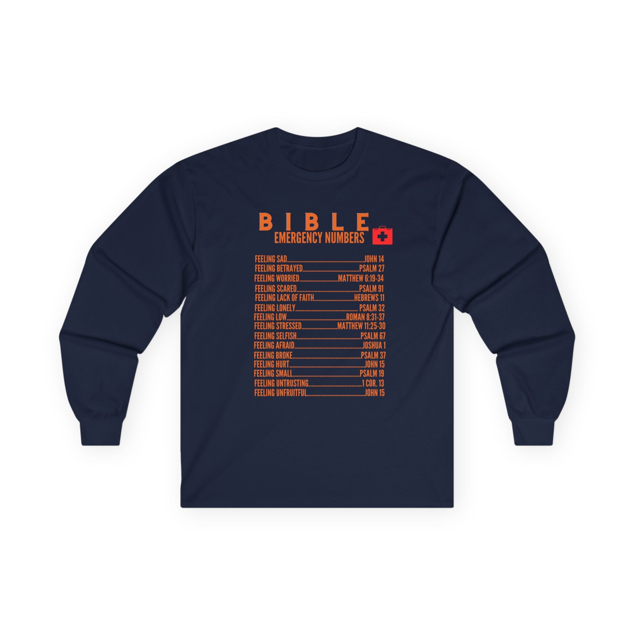 Bible Emergency Numbers Long Sleeve Tee - Orange