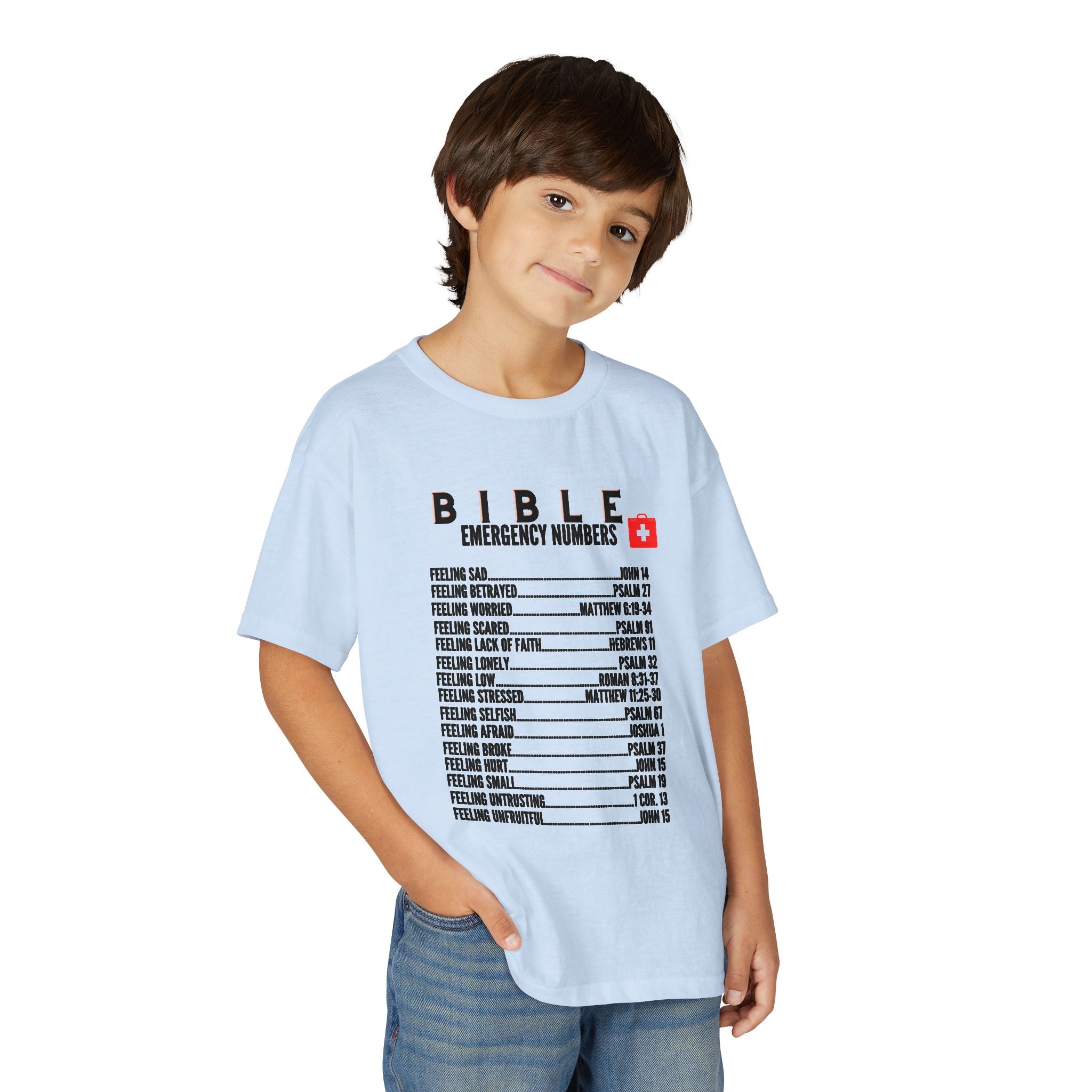 Bible Emergency Numbers Youth T-Shirt — Black