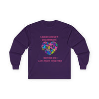 Cancer Awareness Long Sleeve Tee — "Cancer Doesn't Discriminate" Heart Ribbon