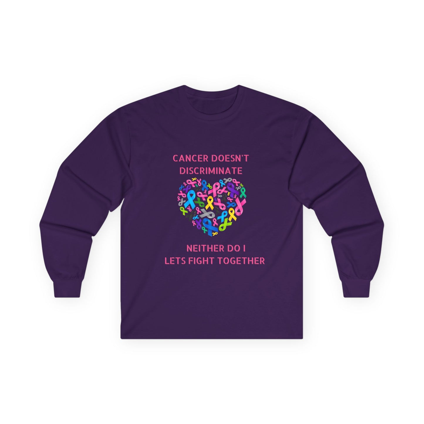Cancer Awareness Long Sleeve Tee — "Cancer Doesn't Discriminate" Heart Ribbon