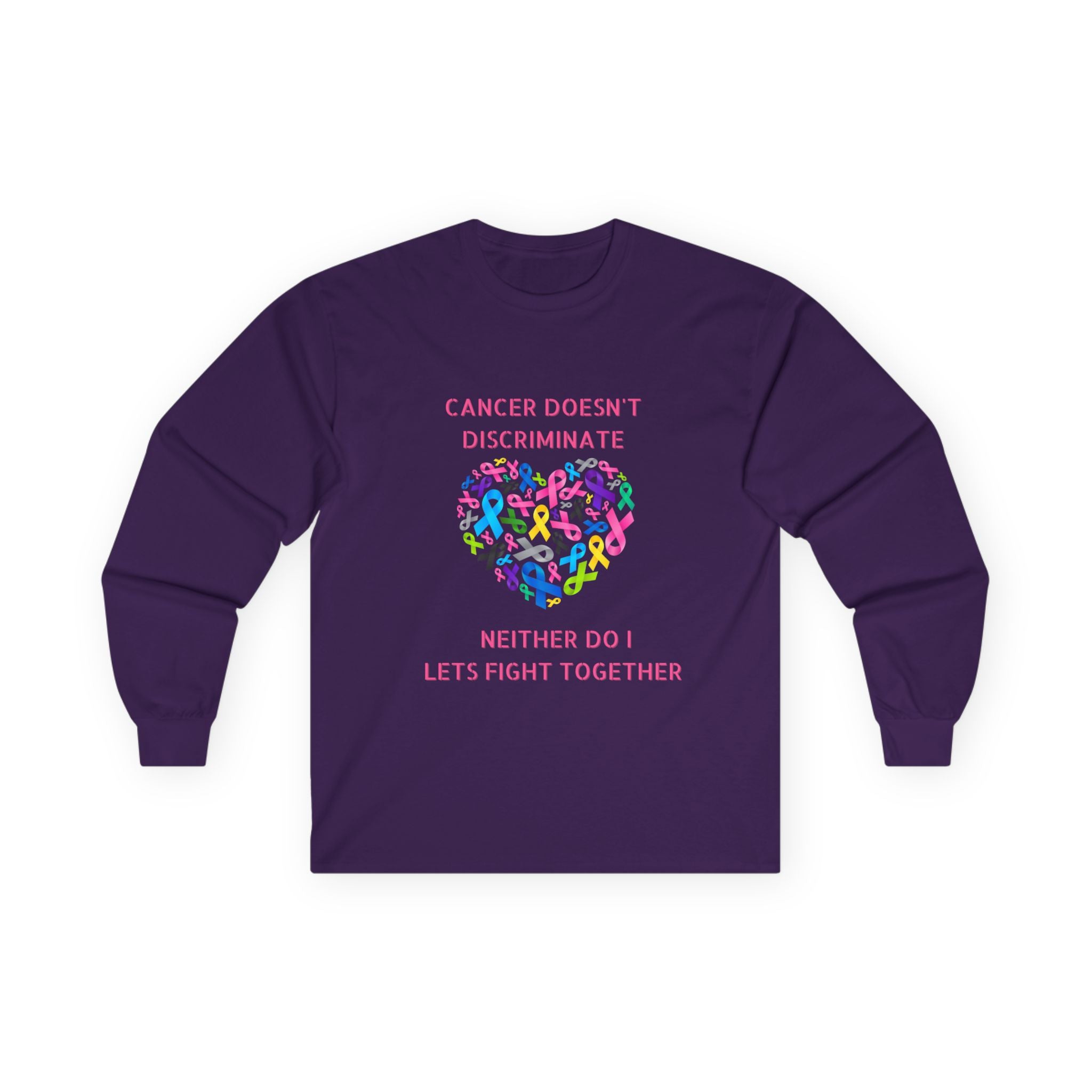 Cancer Awareness Long Sleeve Tee — "Cancer Doesn't Discriminate" Heart Ribbon