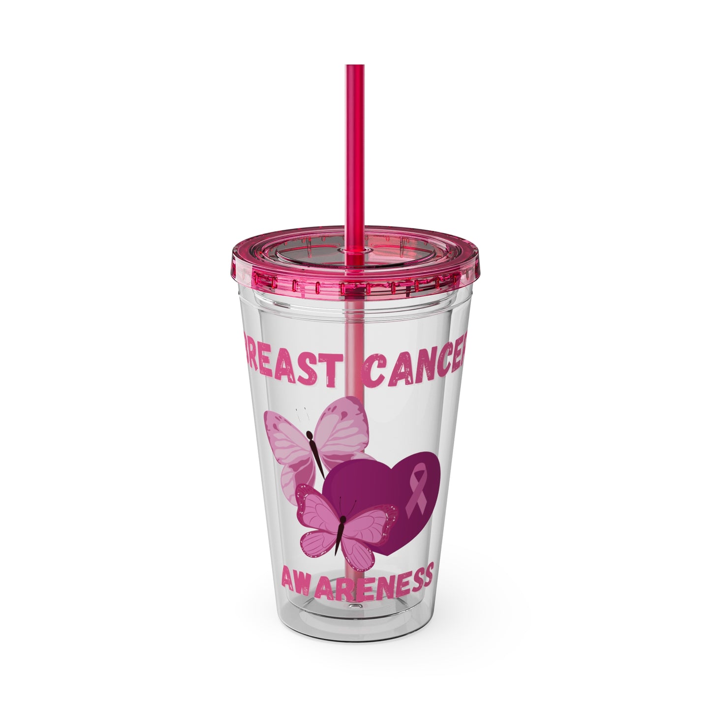 Breast Cancer Awareness 16oz Tumbler with Straw - Butterfly, Heart