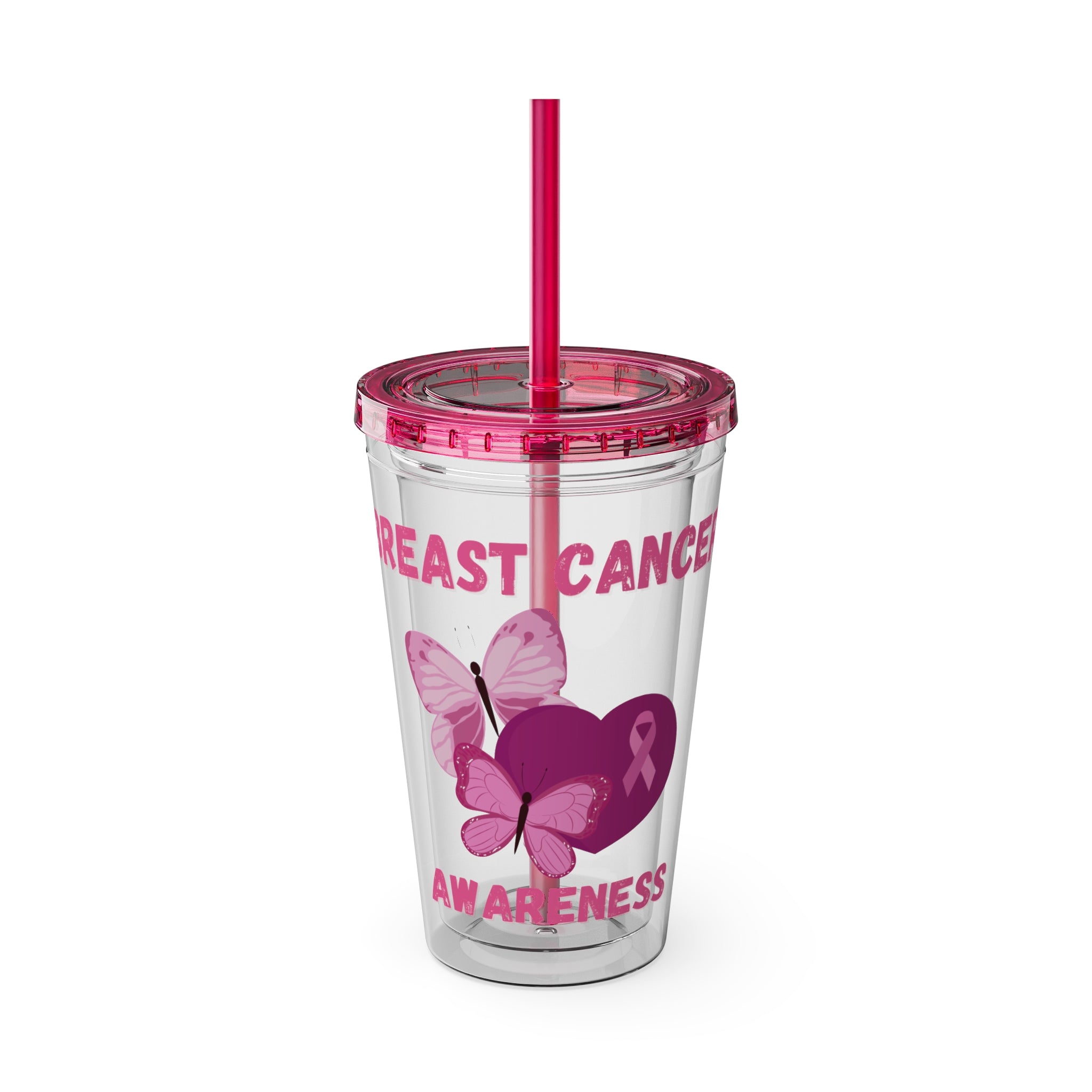 Breast Cancer Awareness 16oz Tumbler with Straw - Butterfly, Heart