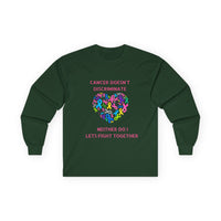 Cancer Awareness Long Sleeve Tee — "Cancer Doesn't Discriminate" Heart Ribbon
