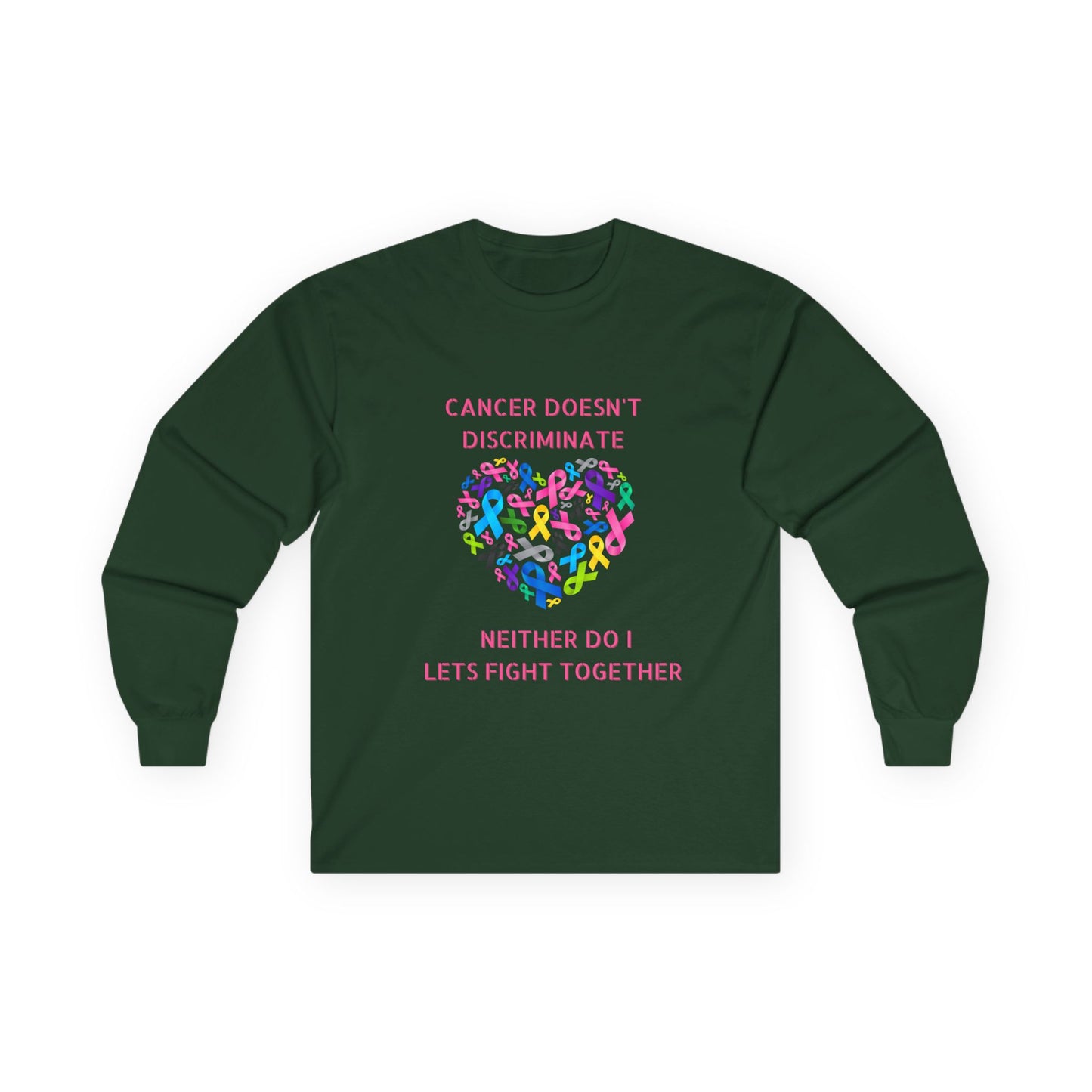 Cancer Awareness Long Sleeve Tee — "Cancer Doesn't Discriminate" Heart Ribbon