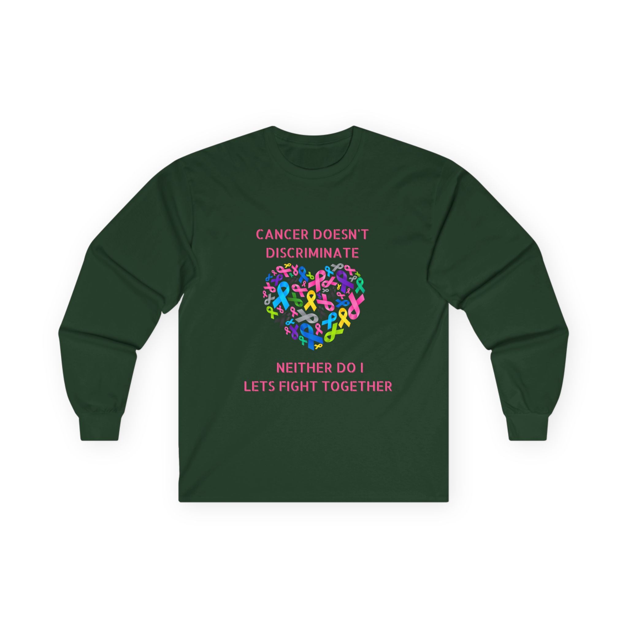 Cancer Awareness Long Sleeve Tee — "Cancer Doesn't Discriminate" Heart Ribbon