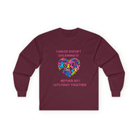 Cancer Awareness Long Sleeve Tee — "Cancer Doesn't Discriminate" Heart Ribbon