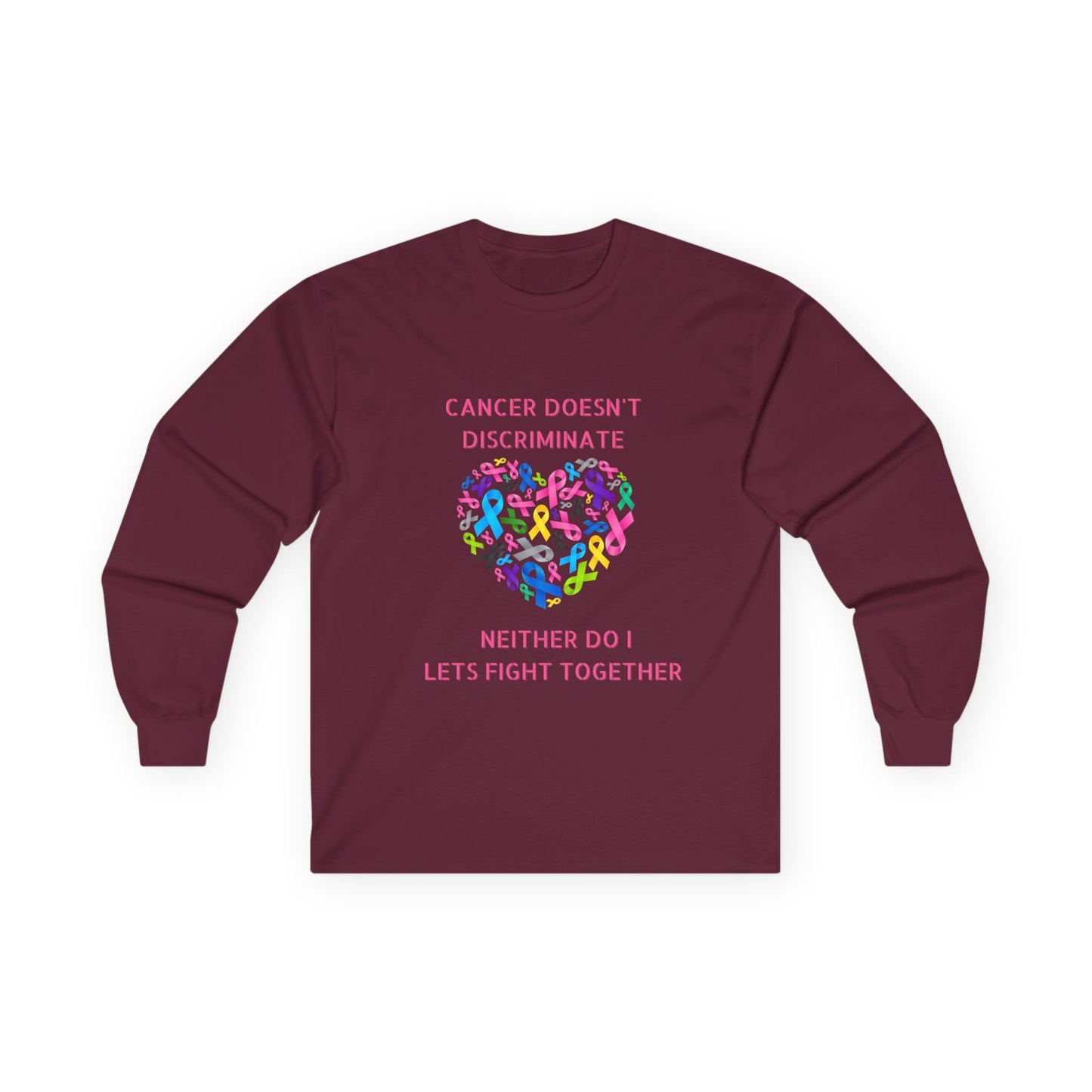 Cancer Awareness Long Sleeve Tee — "Cancer Doesn't Discriminate" Heart Ribbon