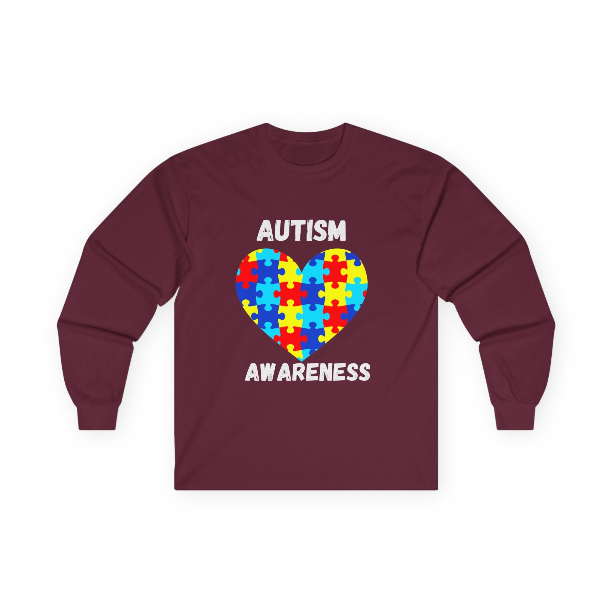 Autism Awareness Long Sleeve Tee — Heart Shaped Puzzle - White