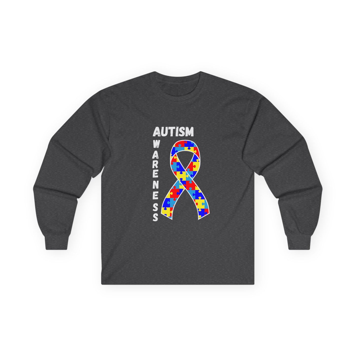 Autism Puzzle Ribbon Long Sleeve Tee — White