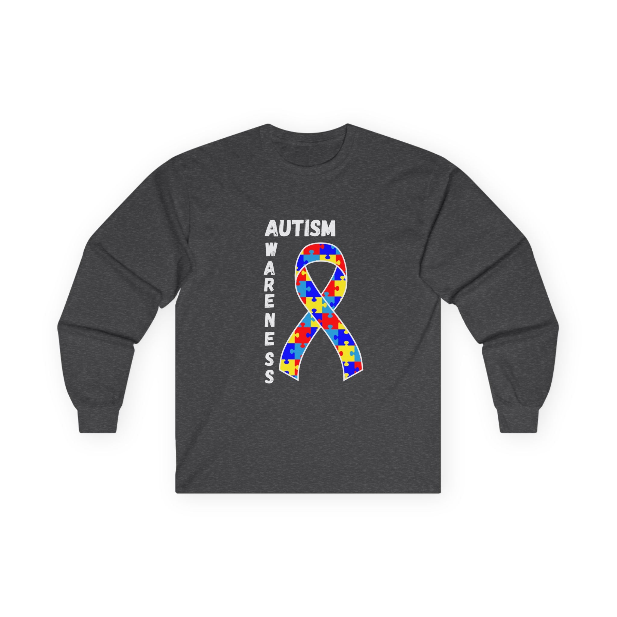 Autism Puzzle Ribbon Long Sleeve Tee — White