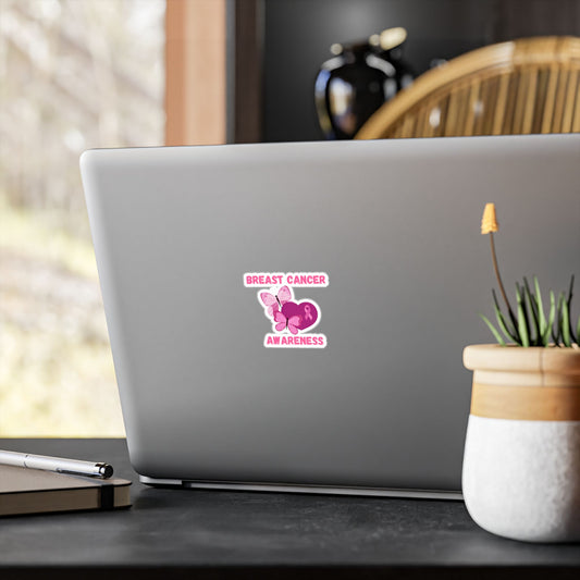 Breast Cancer Awareness Kiss-Cut Vinyl Sticker — Pink Ribbon & Butterflies