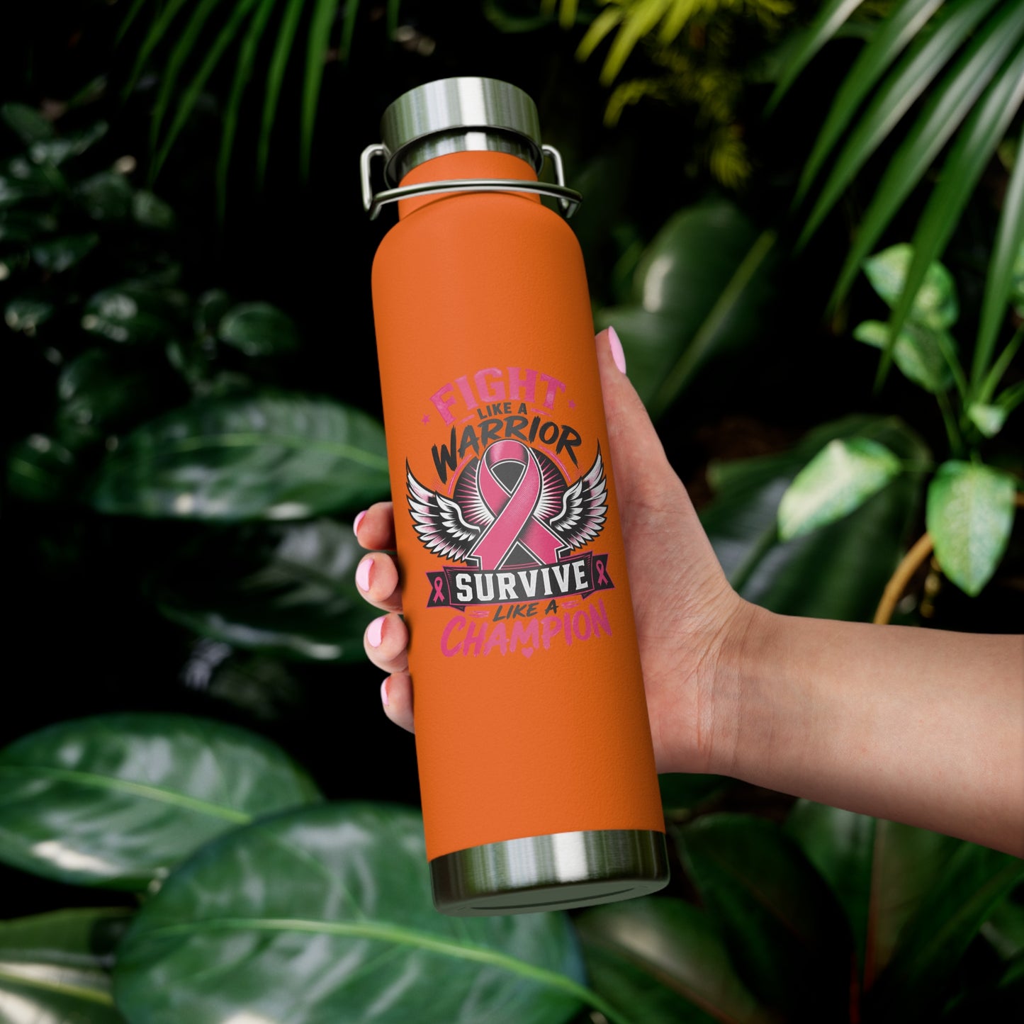 Fight Warrior Survive Champion Pink Ribbon 22oz Insulated Water Bottle